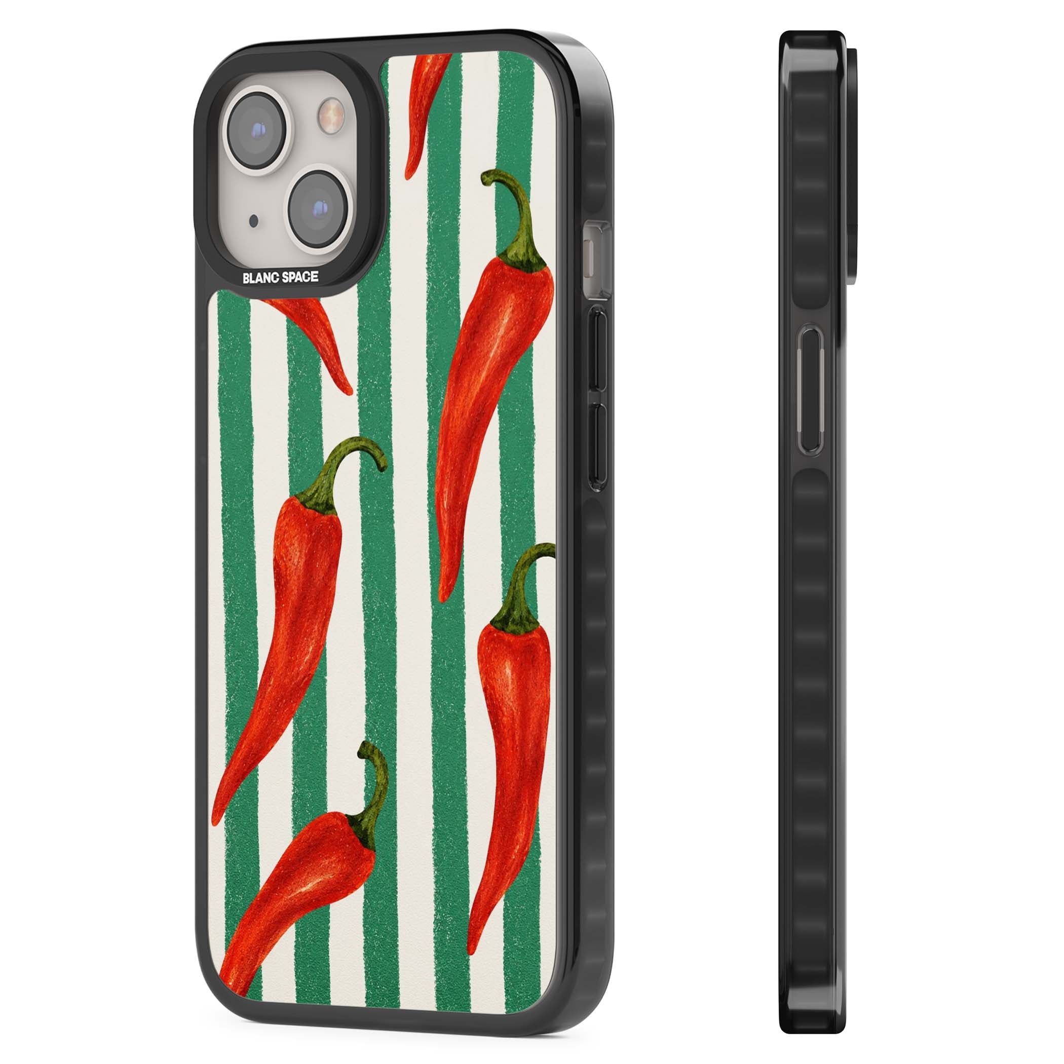 Striped Chillis coastal iPhone case featuring hand-painted red chili peppers on green and cream stripes | Black Impact case for iPhone 13, iPhone 14, iPhone 15