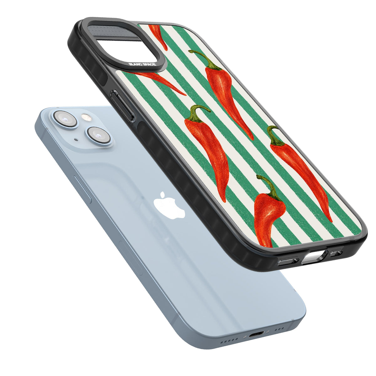Striped Chillis iPhone 12 / 12 Pro / iPhone 13 / iPhone 14 / iPhone 14 Plus / iPhone 15 / iPhone 15 Plus Impact Black Phone Case angled