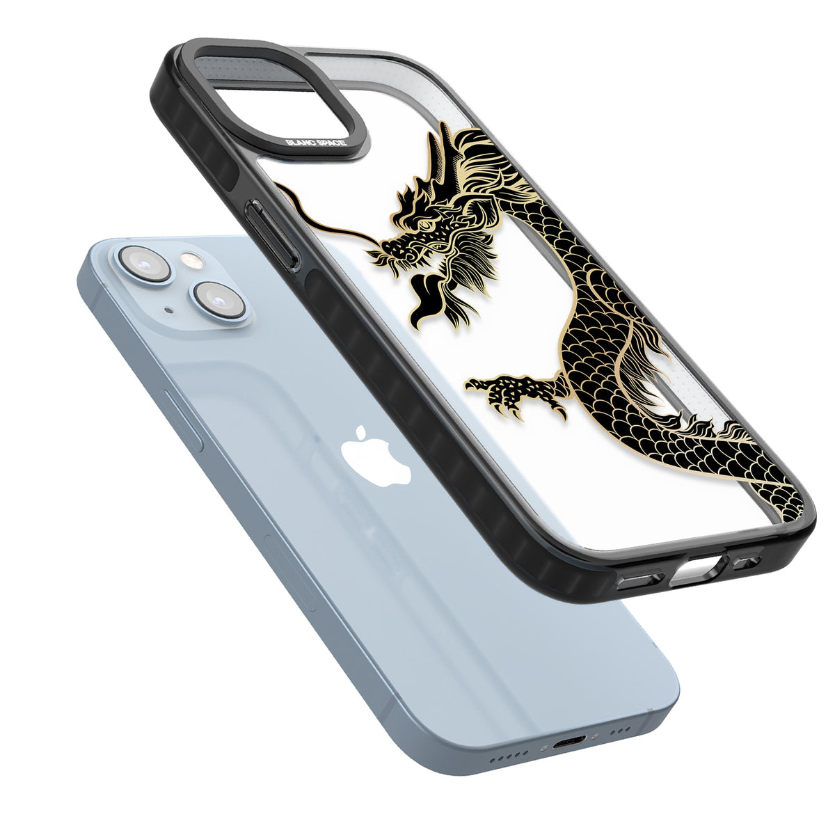 Large Black Dragon iPhone 12 / 12 Pro / iPhone 13 / iPhone 14 / iPhone 14 Plus / iPhone 15 / iPhone 15 Plus Impact Black Phone Case angled