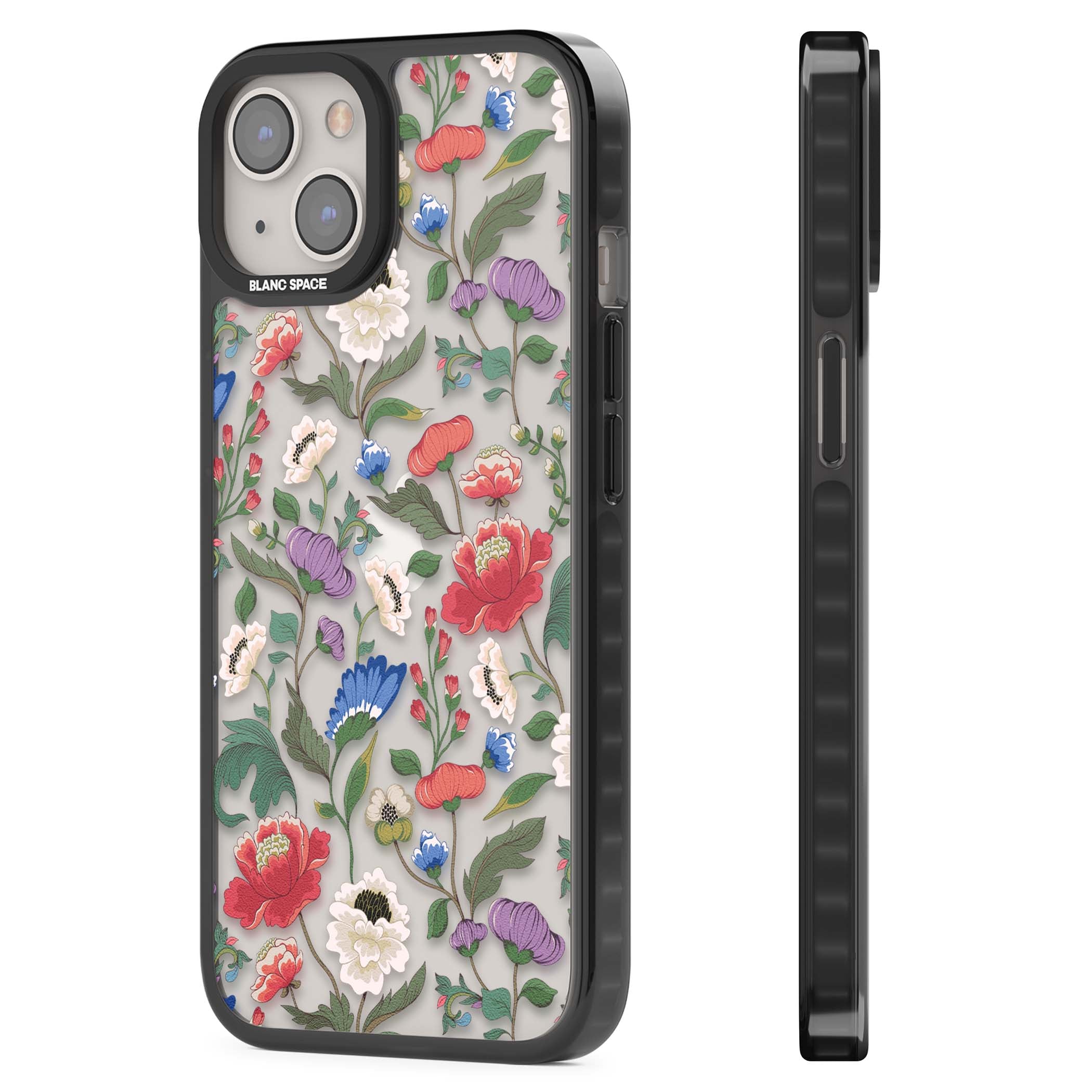 Chinoiserie Bloom vintage floral iPhone case featuring hand-painted peonies, poppies and trailing wildflowers on clear... | Black Impact case for iPhone 13, iPhone 14, iPhone 15