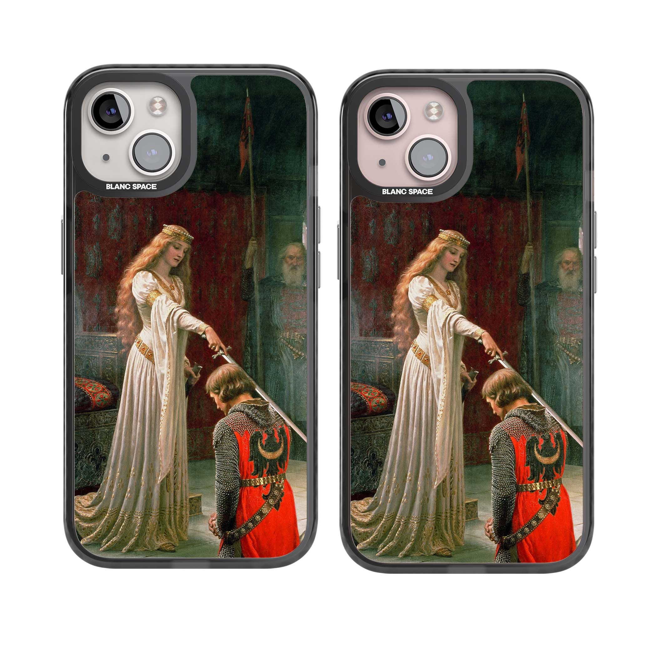 The Accolade renaissance art iPhone case featuring Edmund Blair Leighton's painting of a queen knighting a kneeling knight | Black Impact case for iPhone 13, iPhone 14, iPhone 15