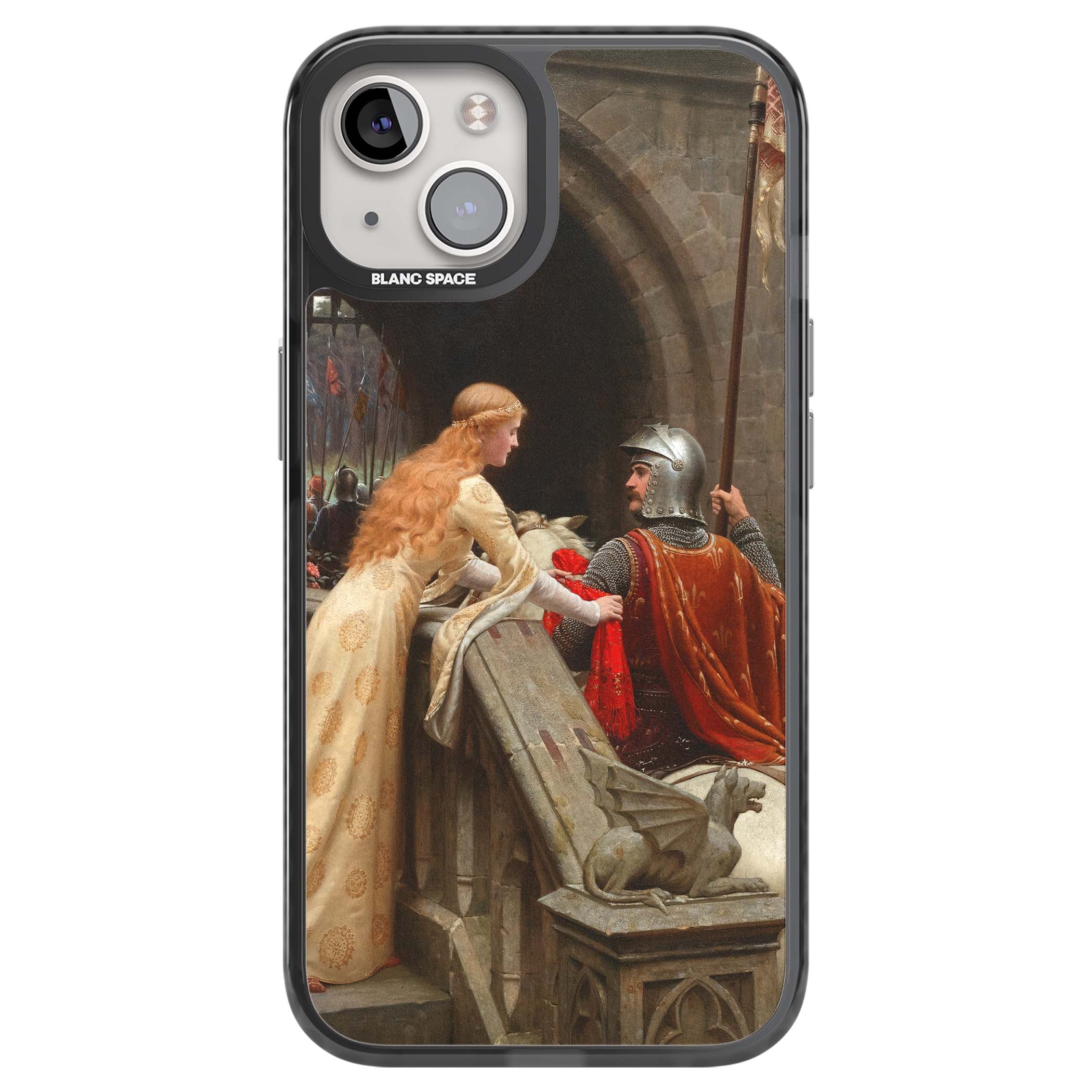 God Speed fine art iPhone case featuring Edmund Blair Leighton's medieval knight and lady beneath a stone archway | Black Impact case for iPhone 13, iPhone 14, iPhone 15