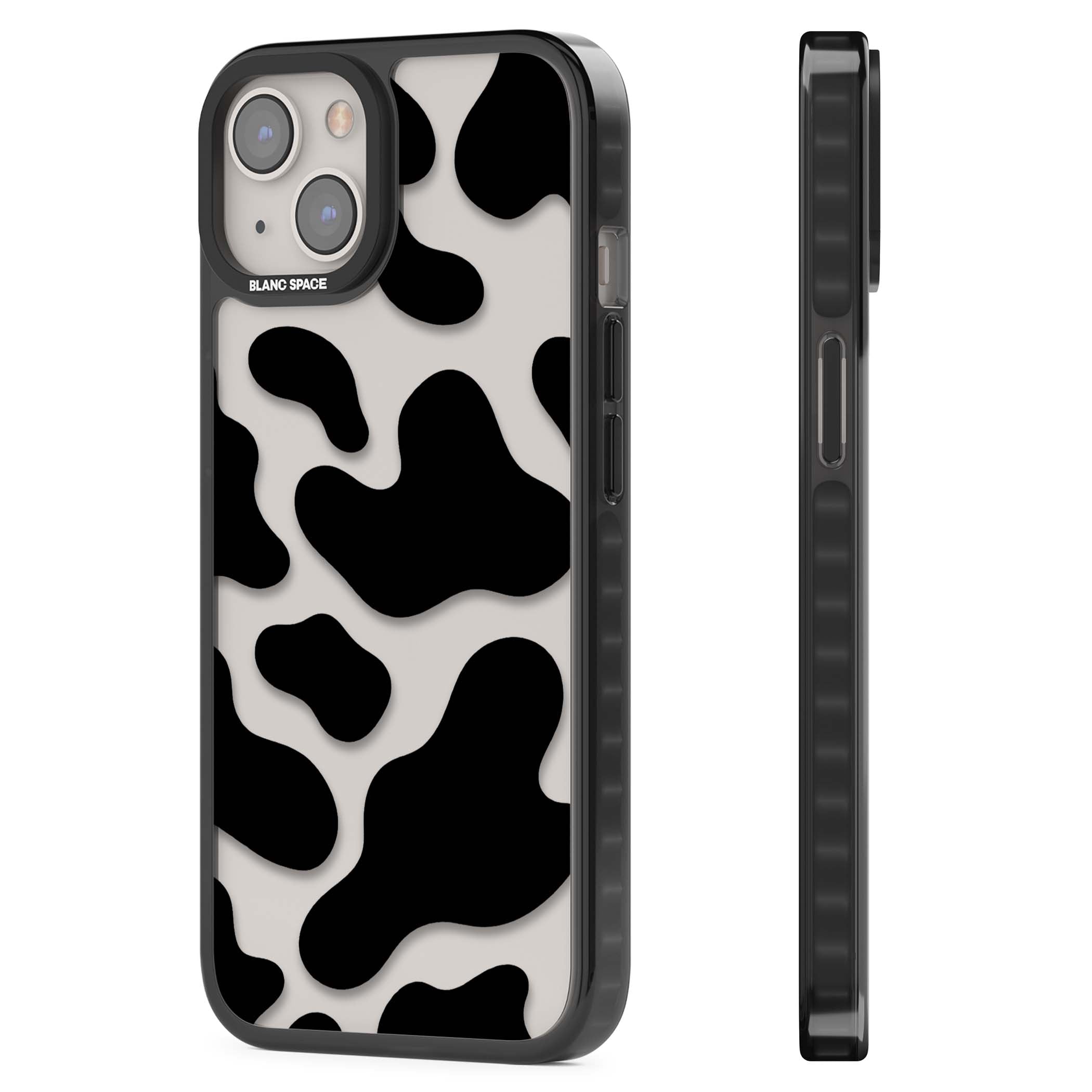 Clear Cow Print cow print iPhone case featuring black and white cow pattern splotches on a clear background | Black Impact case for iPhone 13, iPhone 14, iPhone 15