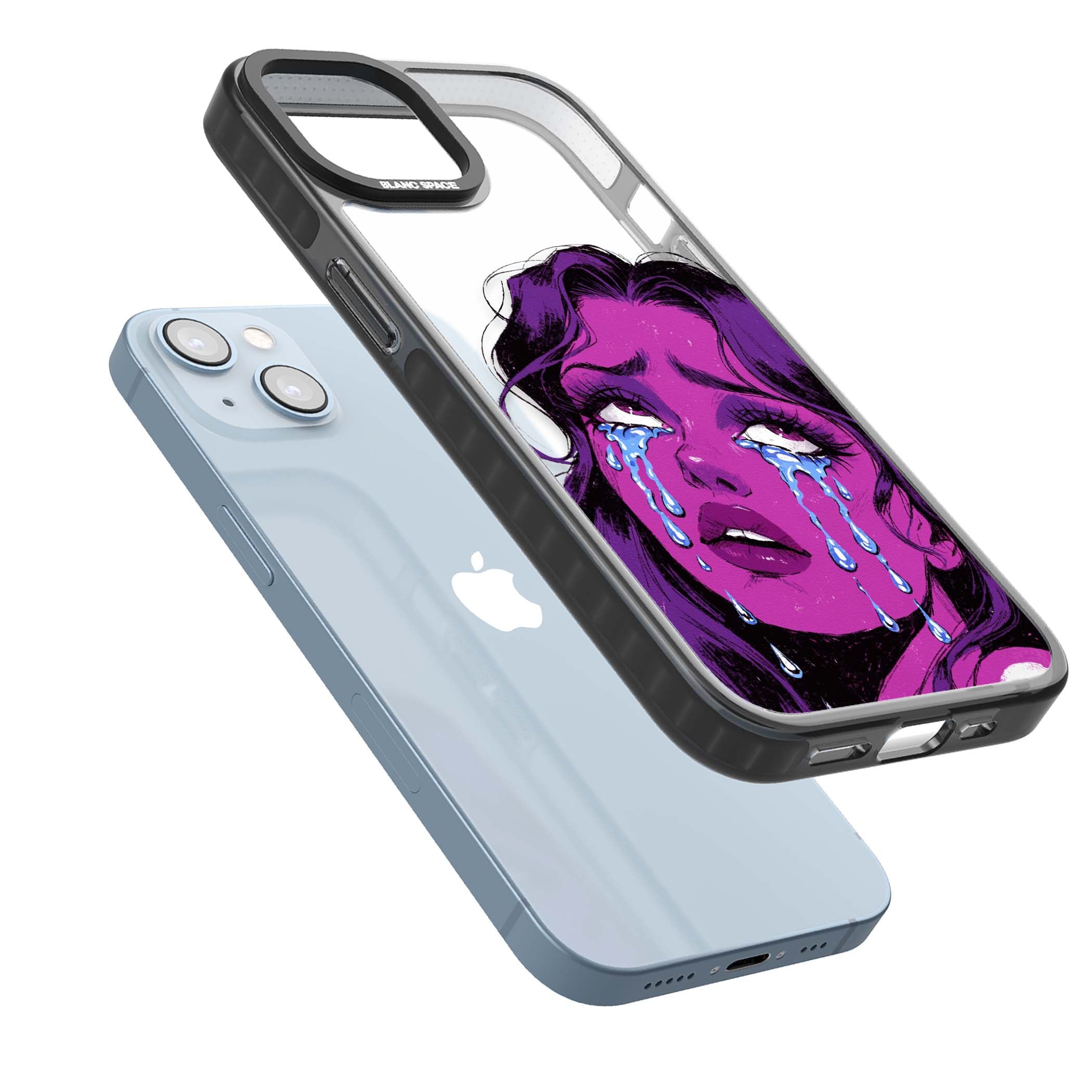 Drama Queen pop art iPhone case featuring a purple crying comic girl with blue tears | Black Impact case for iPhone 13, iPhone 14, iPhone 15