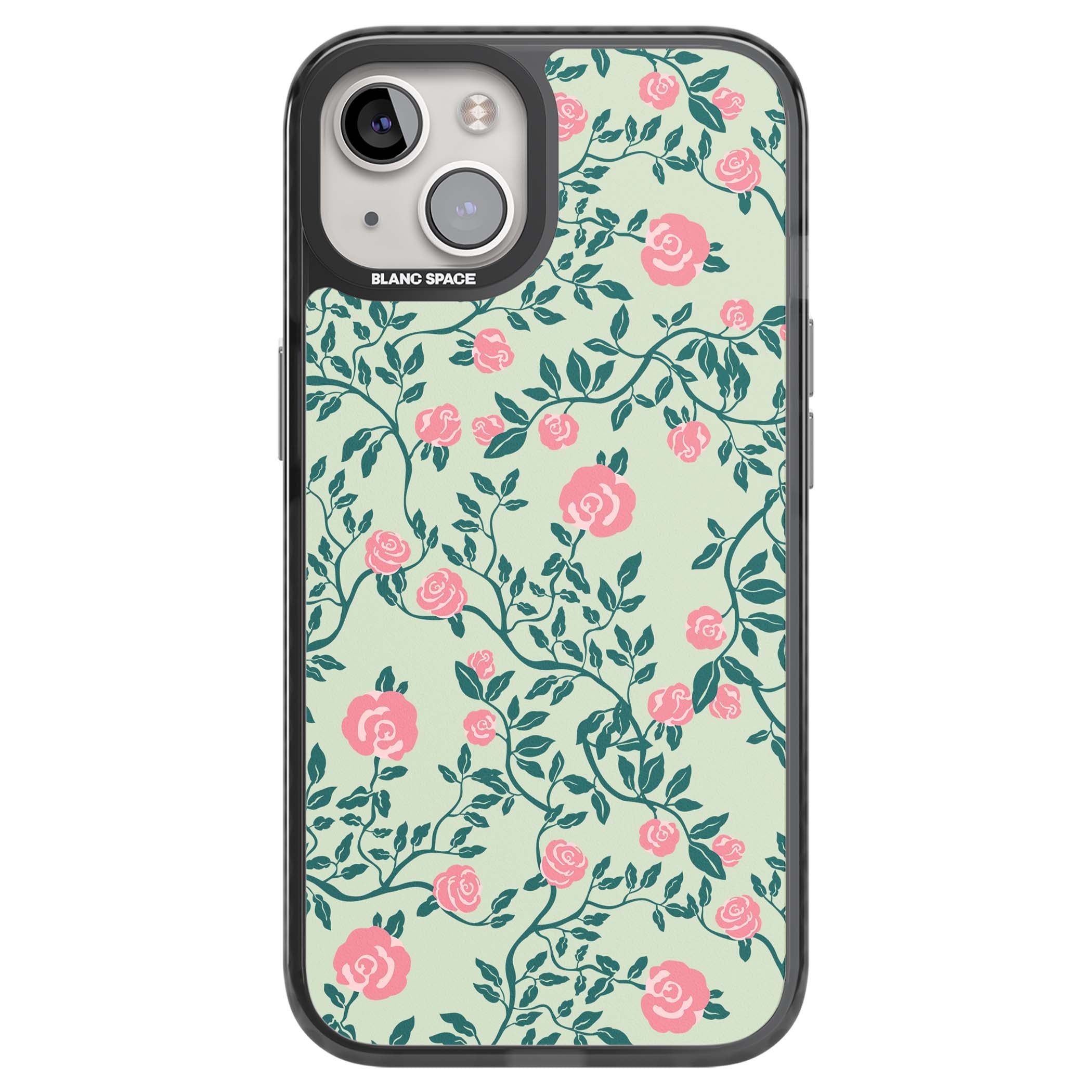 Rose Trellis cottagecore iPhone case featuring pink roses, sage green vines, and mint background | Black Impact case for iPhone 13, iPhone 14, iPhone 15