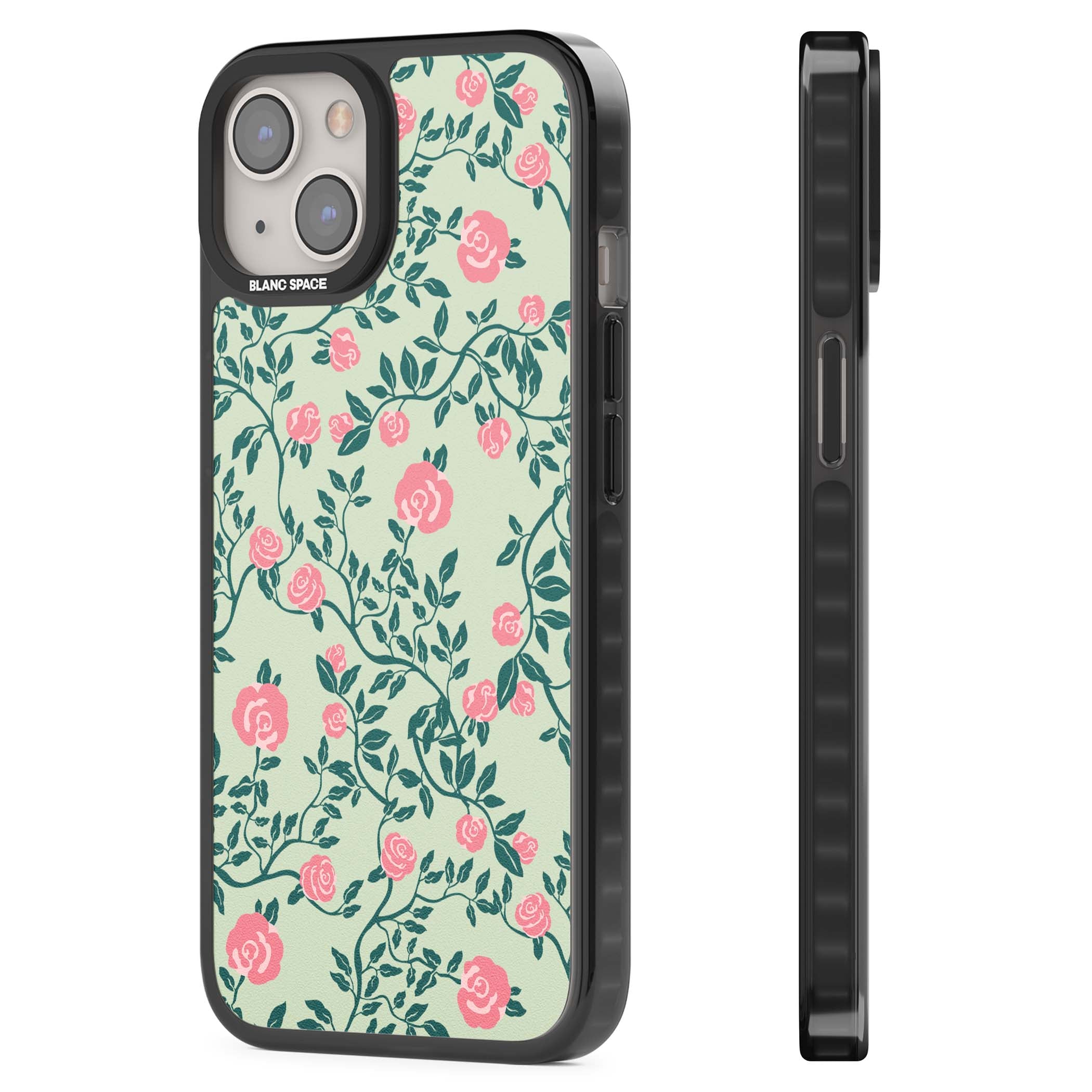 Rose Trellis cottagecore iPhone case featuring pink roses, sage green vines, and mint background | Black Impact case for iPhone 13, iPhone 14, iPhone 15