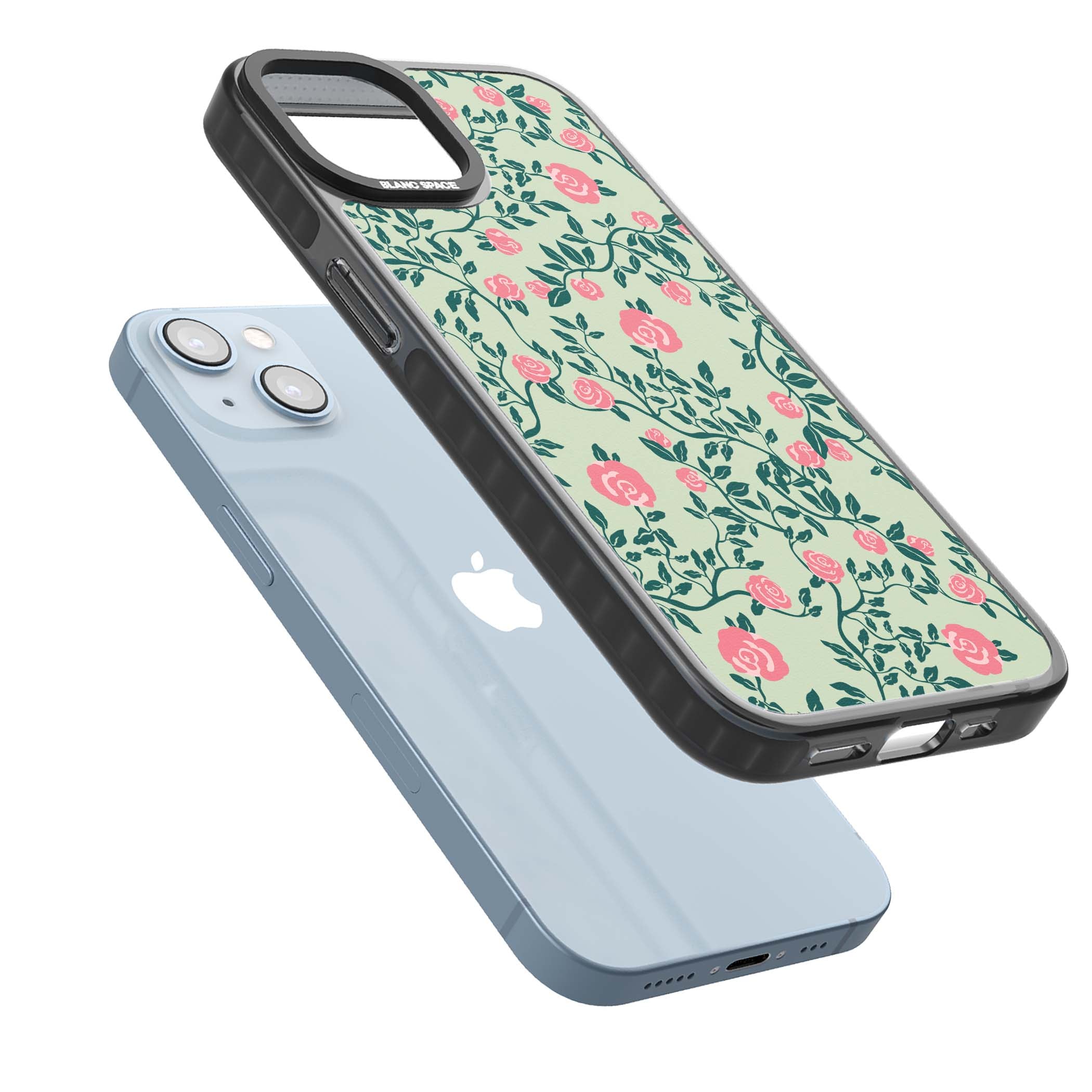Rose Trellis cottagecore iPhone case featuring pink roses, sage green vines, and mint background | Black Impact case for iPhone 13, iPhone 14, iPhone 15