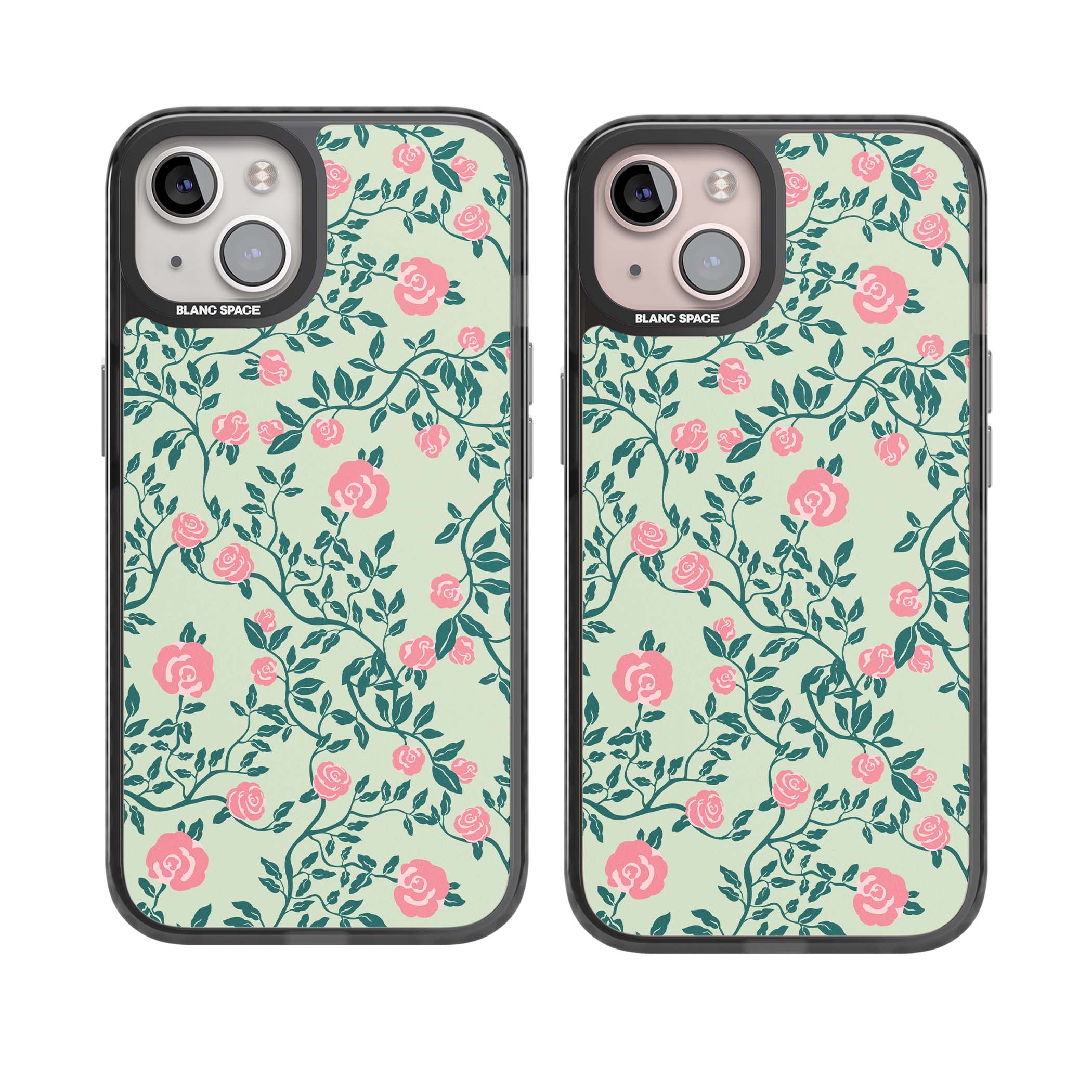 Rose Trellis cottagecore iPhone case featuring pink roses, sage green vines, and mint background | Black Impact case for iPhone 13, iPhone 14, iPhone 15