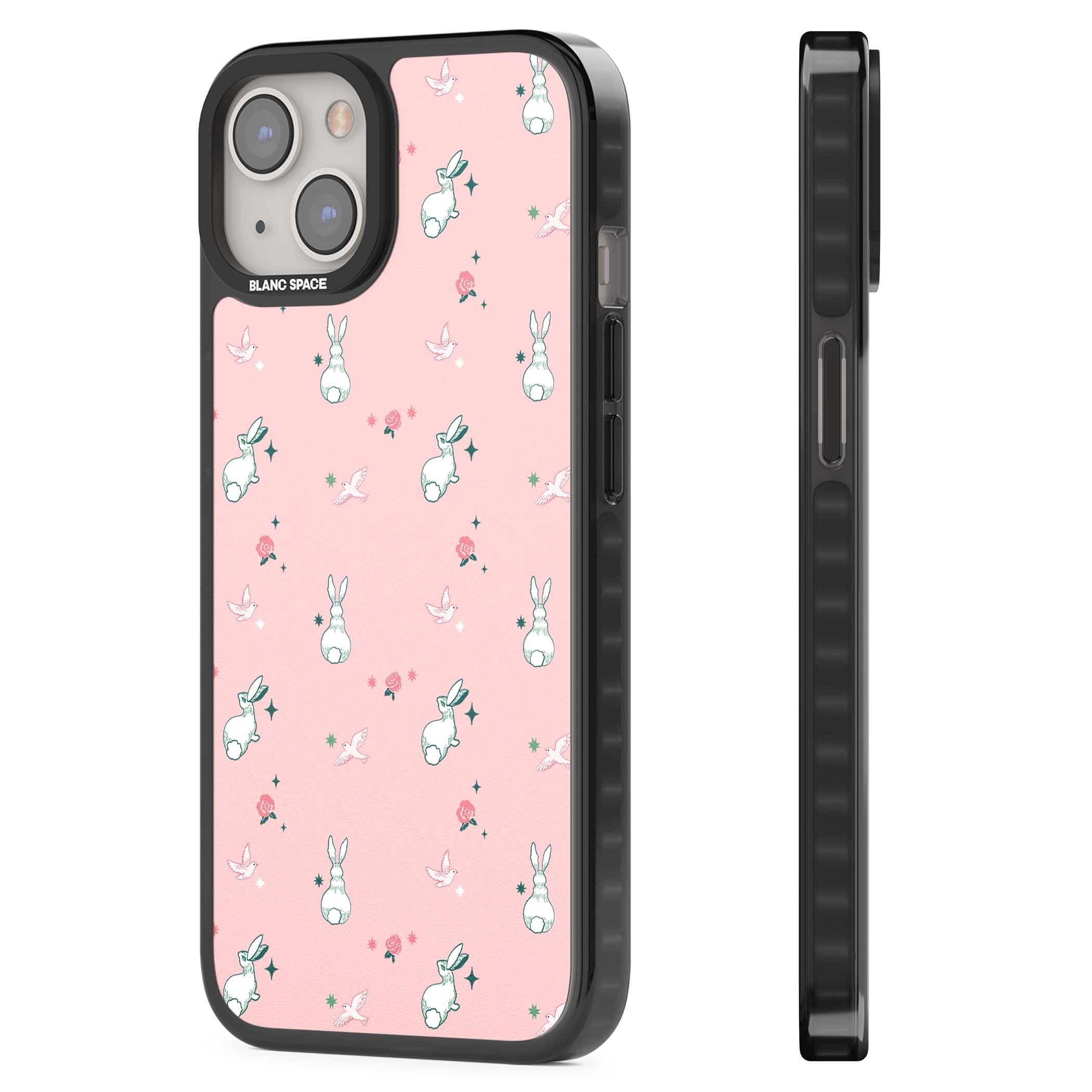 Bunny Garden kawaii iPhone case featuring white rabbits, pink roses, doves and stars on pink background | Black Impact case for iPhone 13, iPhone 14, iPhone 15