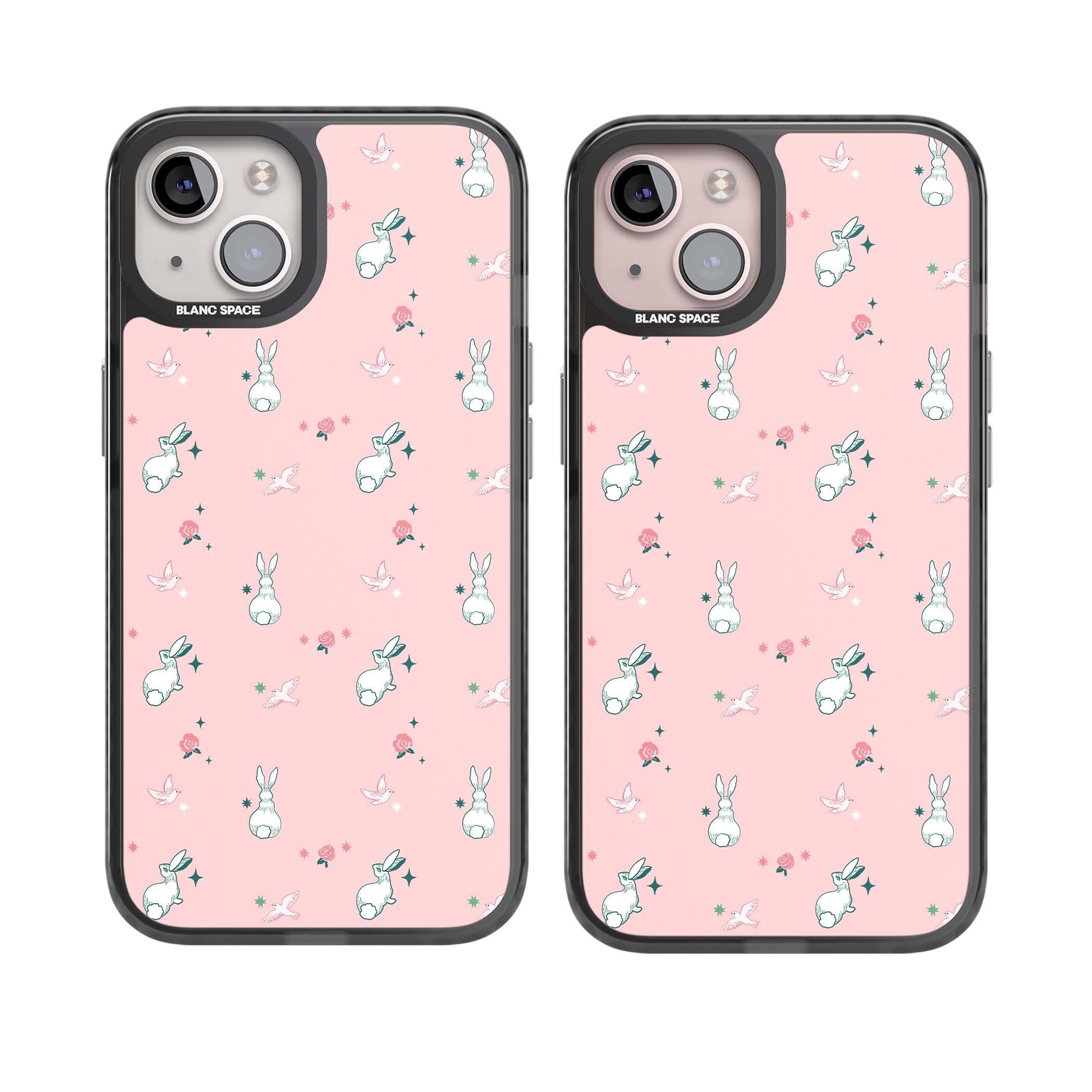 Bunny Garden kawaii iPhone case featuring white rabbits, pink roses, doves and stars on pink background | Black Impact case for iPhone 13, iPhone 14, iPhone 15