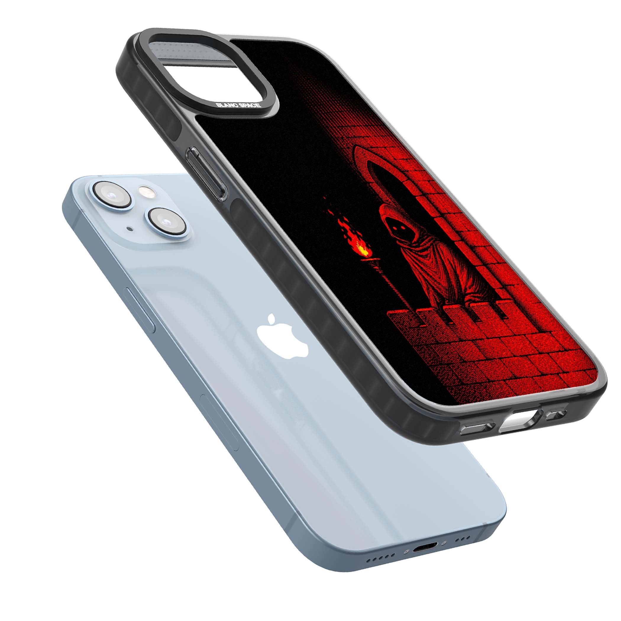 Crimson Crypt gothic iPhone case featuring a hooded reaper, torchlit crypt archway and red halftone horror art | Black Impact case for iPhone 13, iPhone 14, iPhone 15
