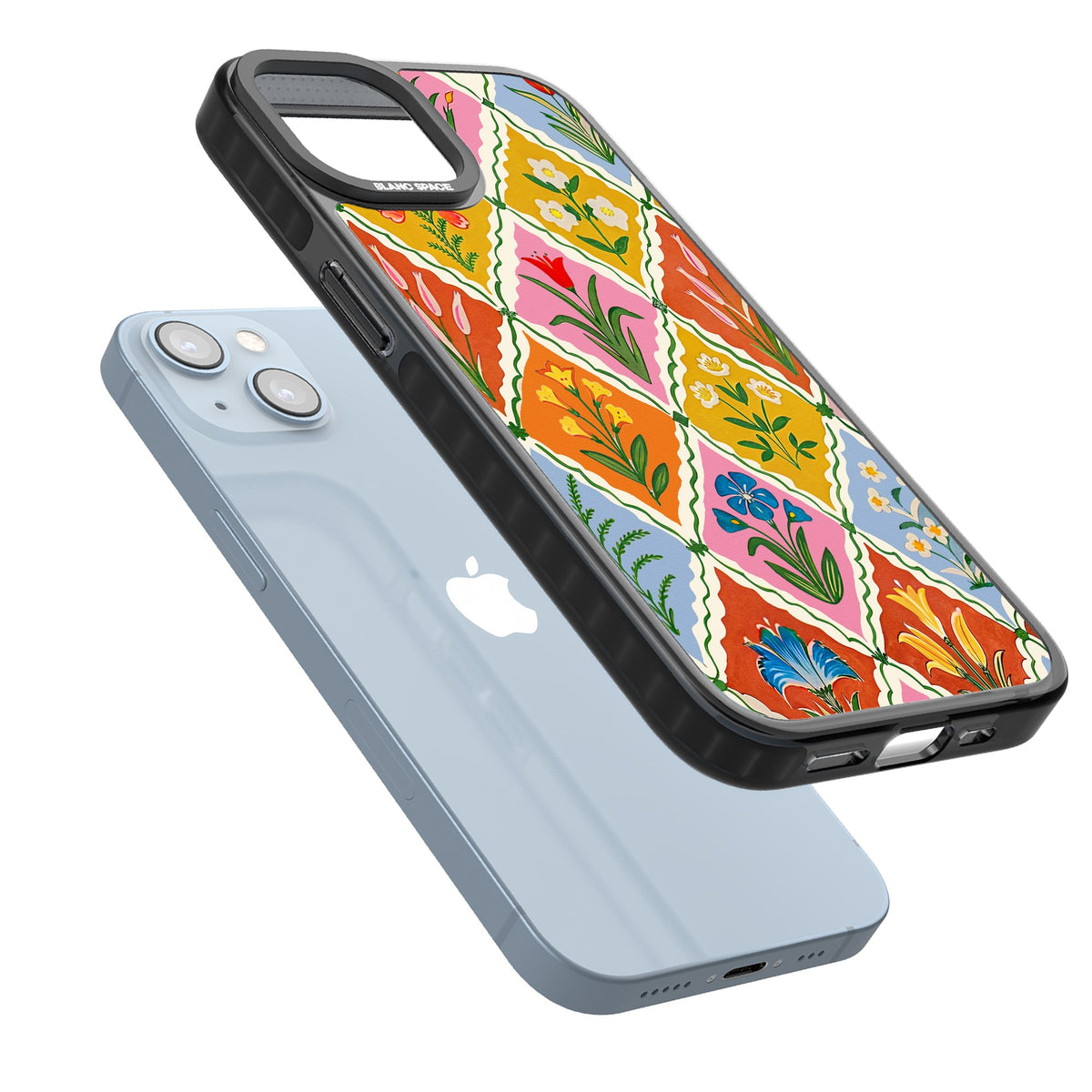 Floral Quilt iPhone 12 / 12 Pro / iPhone 13 / iPhone 14 / iPhone 14 Plus / iPhone 15 / iPhone 15 Plus Impact Black Phone Case angled