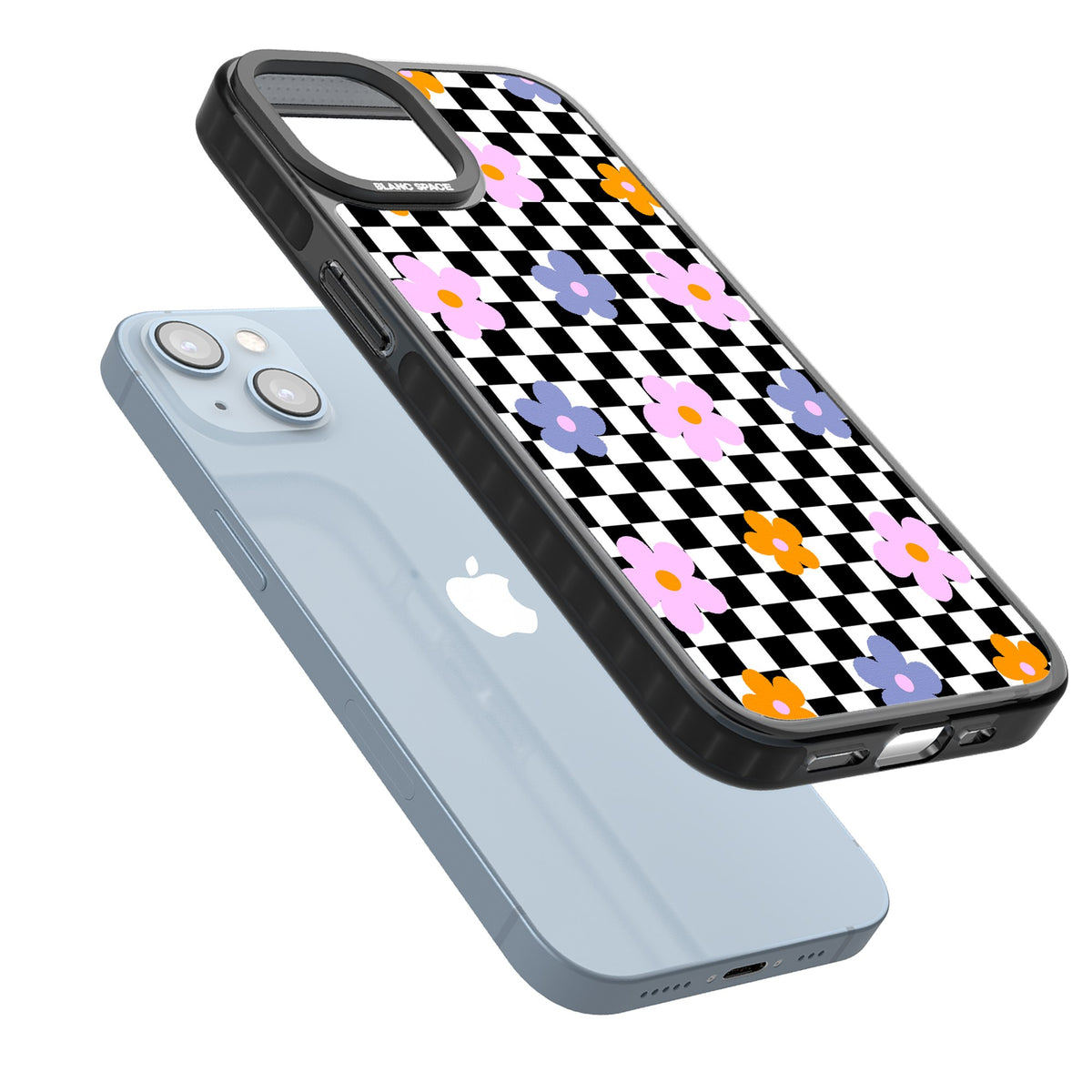 Checkered Blossom iPhone 12 / 12 Pro / iPhone 13 / iPhone 14 / iPhone 14 Plus / iPhone 15 / iPhone 15 Plus Impact Black Phone Case angled