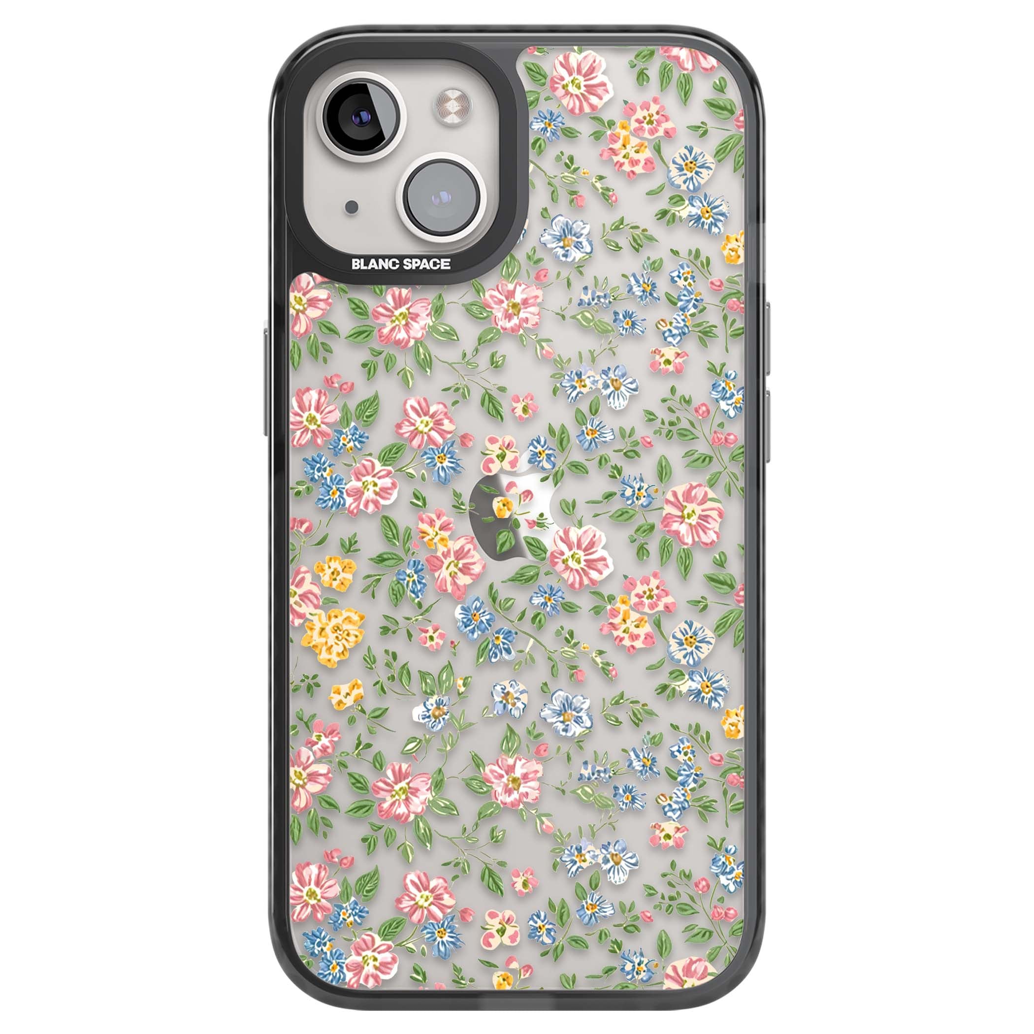 Soft Meadow cottagecore iPhone case featuring pink cosmos, blue forget-me-nots, yellow buttercups and green leaves sca | Black Impact case for iPhone 13, iPhone 14, iPhone 15