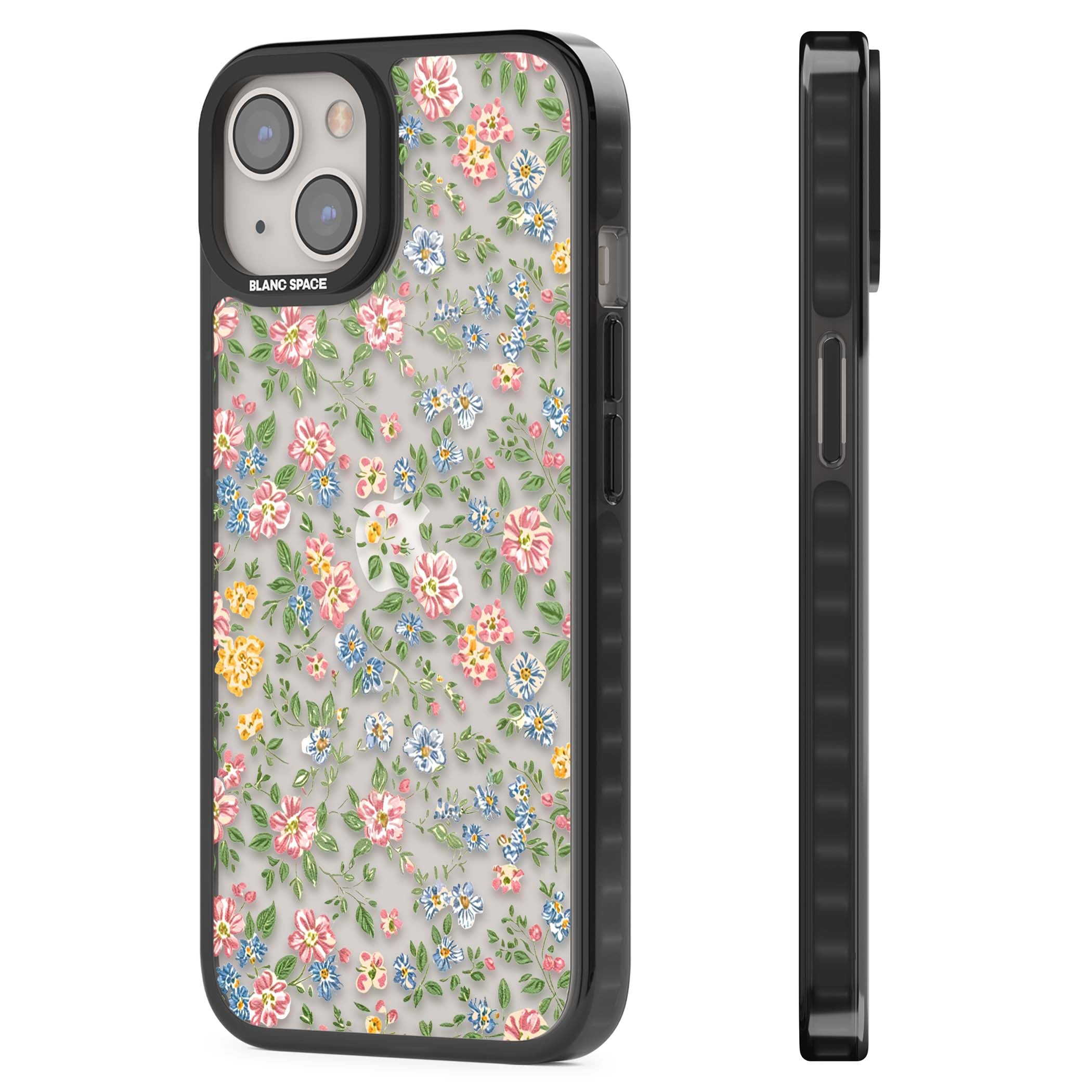 Soft Meadow cottagecore iPhone case featuring pink cosmos, blue forget-me-nots, yellow buttercups and green leaves sca | Black Impact case for iPhone 13, iPhone 14, iPhone 15