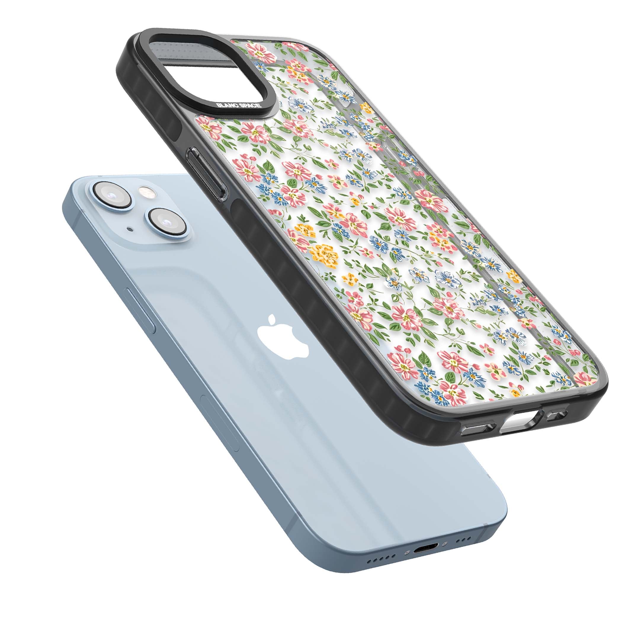 Soft Meadow cottagecore iPhone case featuring pink cosmos, blue forget-me-nots, yellow buttercups and green leaves sca | Black Impact case for iPhone 13, iPhone 14, iPhone 15