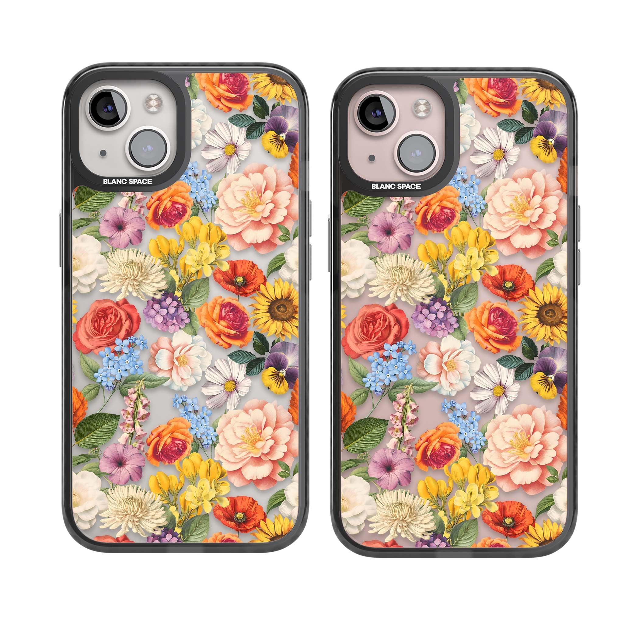 Bloom Basket floral iPhone case featuring cottage garden flowers including peonies, sunflowers, and wildflowers in pastel col | Black Impact case for iPhone 13, iPhone 14, iPhone 15