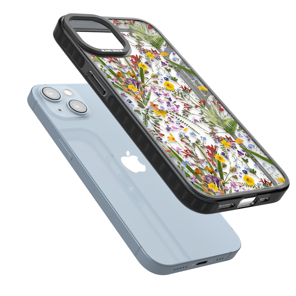 Wildflowers & Leaves iPhone 12 / 12 Pro / iPhone 13 / iPhone 14 / iPhone 14 Plus / iPhone 15 / iPhone 15 Plus Impact Black Phone Case angled