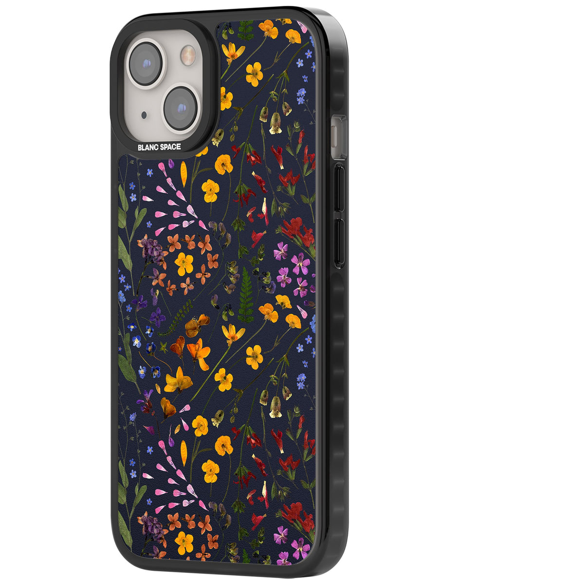 Wildflowers & Leaves In Navy iPhone 12 / 12 Pro / iPhone 13 / iPhone 14 / iPhone 14 Plus / iPhone 15 / iPhone 15 Plus Impact Black Phone Case side