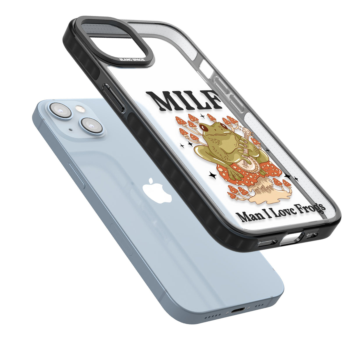Man I Love Frogs iPhone 12 / 12 Pro / iPhone 13 / iPhone 14 / iPhone 14 Plus / iPhone 15 / iPhone 15 Plus Impact Black Phone Case angled