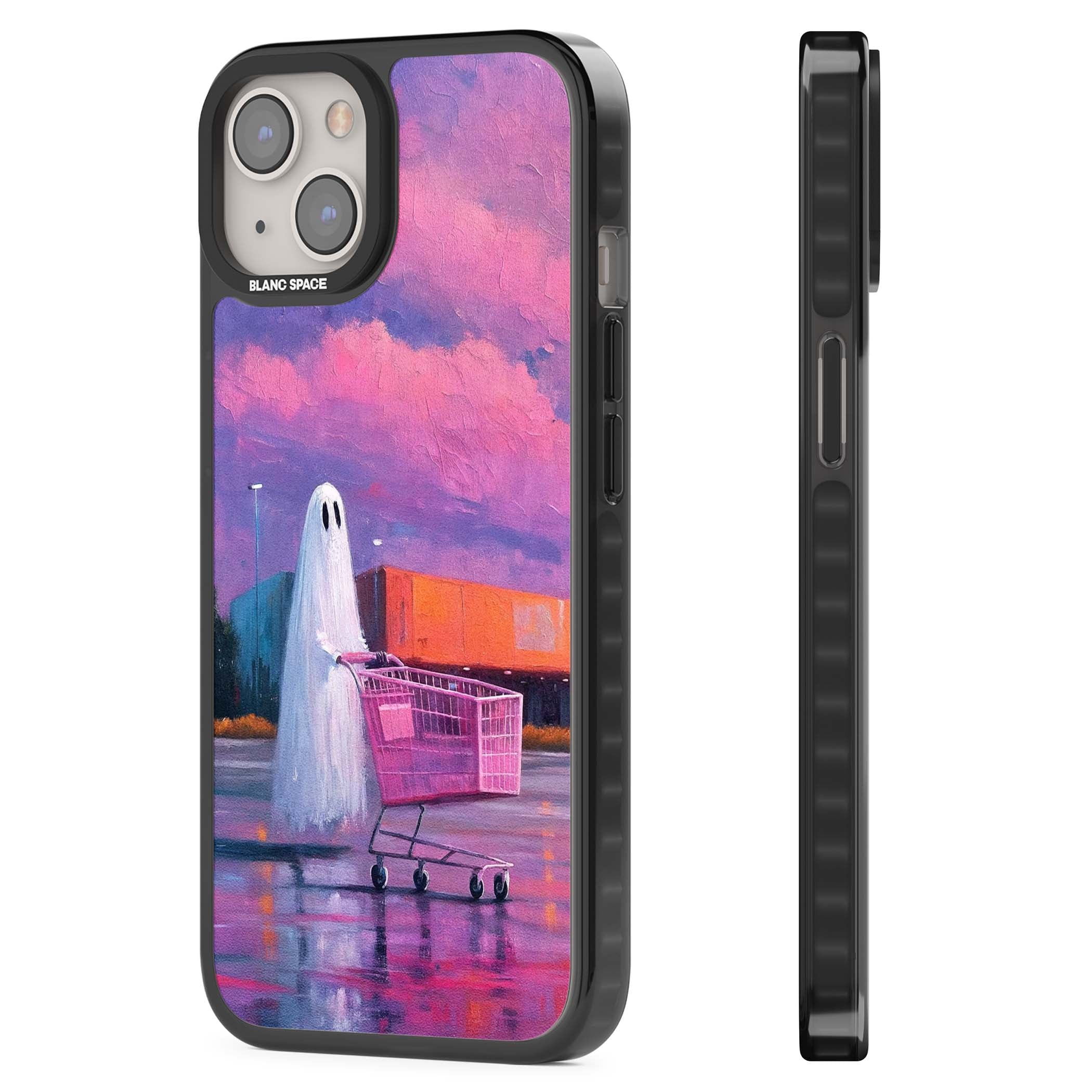 A Ghost's Errand ghost halloween iPhone case featuring a painted ghost, pink shopping trolley and purple sunset sky | Black Impact case for iPhone 13, iPhone 14, iPhone 15