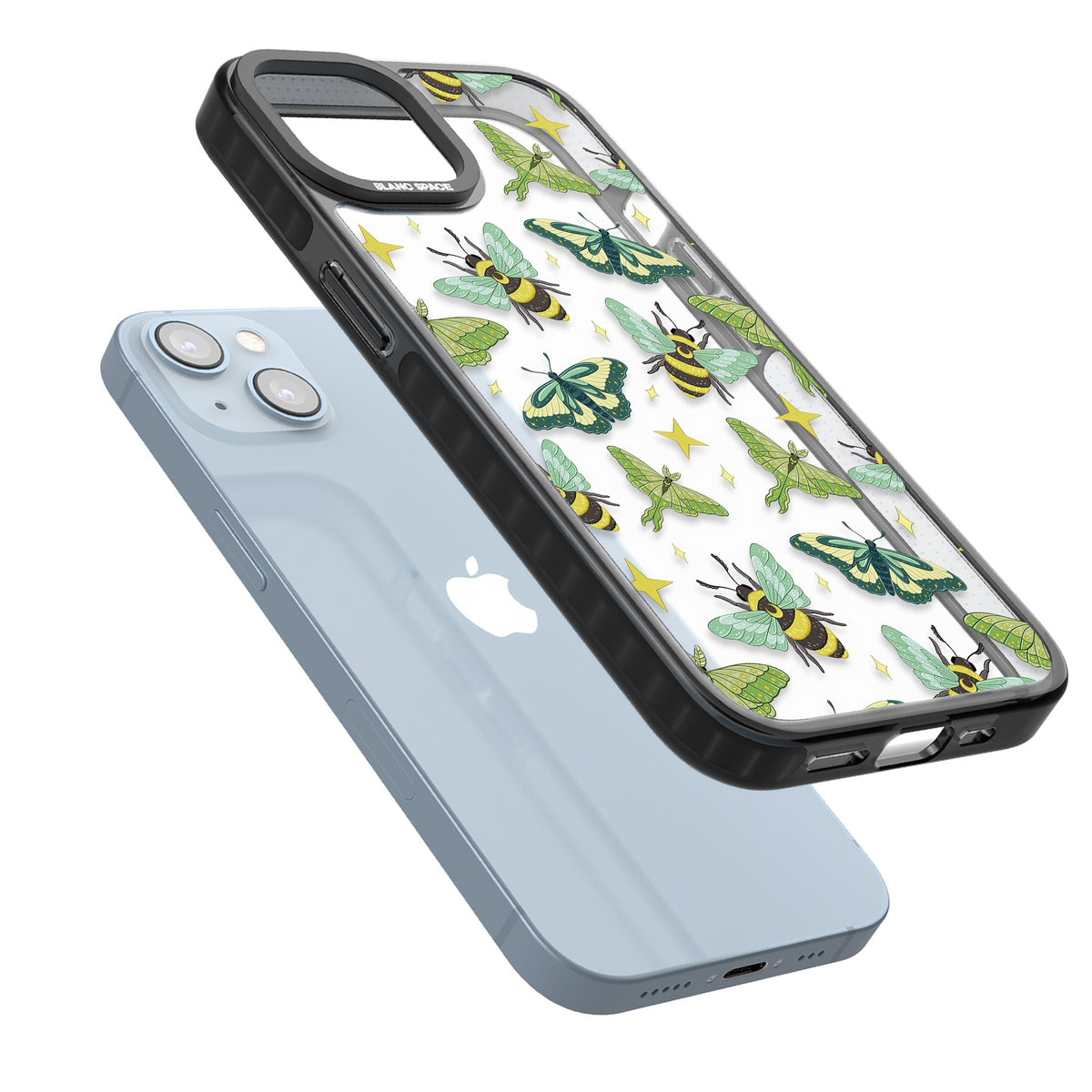 Bees and Moths iPhone 12 / 12 Pro / iPhone 13 / iPhone 14 / iPhone 14 Plus / iPhone 15 / iPhone 15 Plus Impact Black Phone Case angled