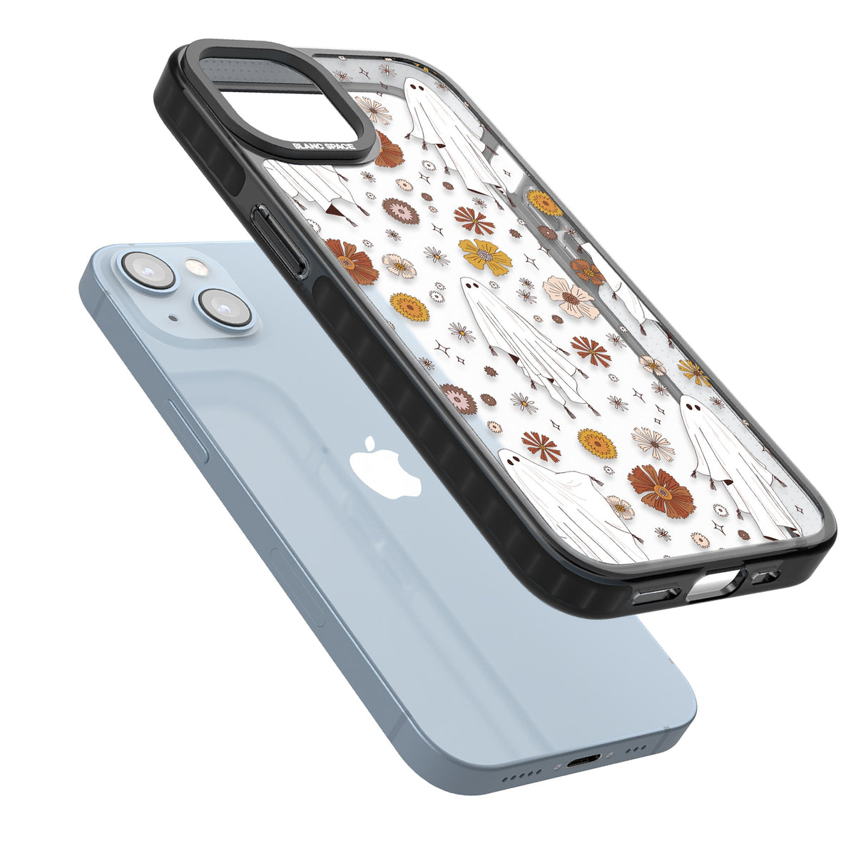 Ghosts And Flowers iPhone 12 / 12 Pro / iPhone 13 / iPhone 14 / iPhone 14 Plus / iPhone 15 / iPhone 15 Plus Impact Black Phone Case angled