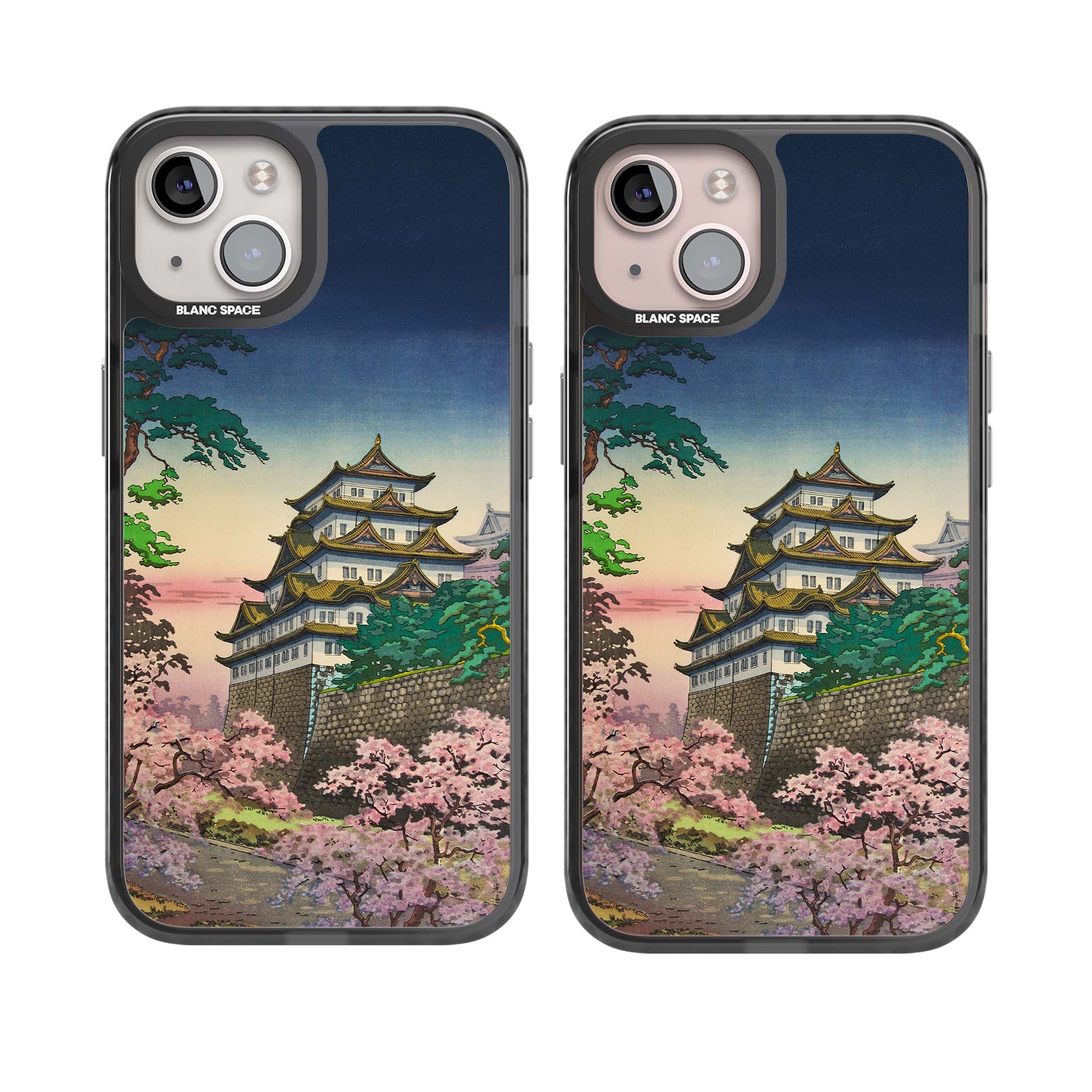 Nagoya Castle Japanese iPhone case featuring a vintage pagoda, twilight sky and cherry blossom trees | Black Impact case for iPhone 13, iPhone 14, iPhone 15