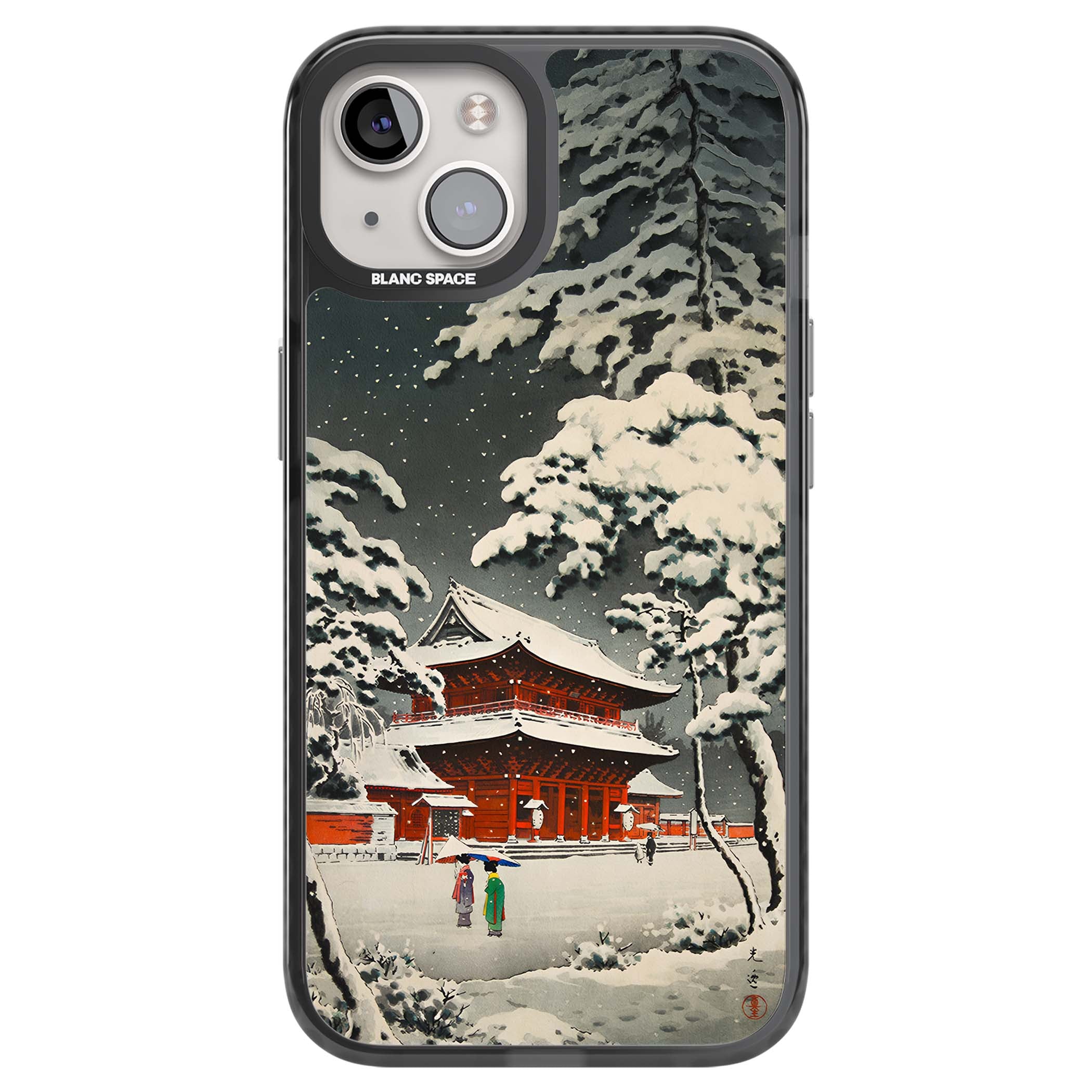 Snow at Shiha Park, Tokyo Japanese art iPhone case featuring a vintage ukiyo-e snowy temple, red pagoda, and snow-covered pin | Black Impact case for iPhone 13, iPhone 14, iPhone 15