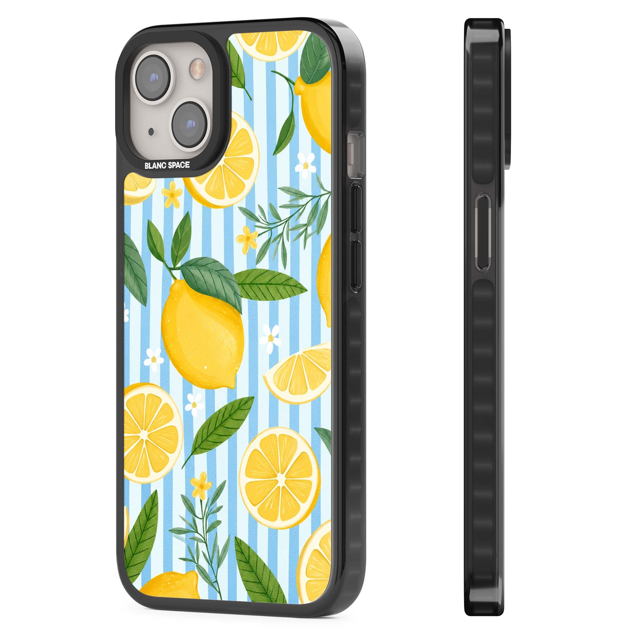 Capri Citrus Stripe coastal iPhone case featuring yellow lemons, blue stripes, and white daisy blossoms | Black Impact case for iPhone 13, iPhone 14, iPhone 15