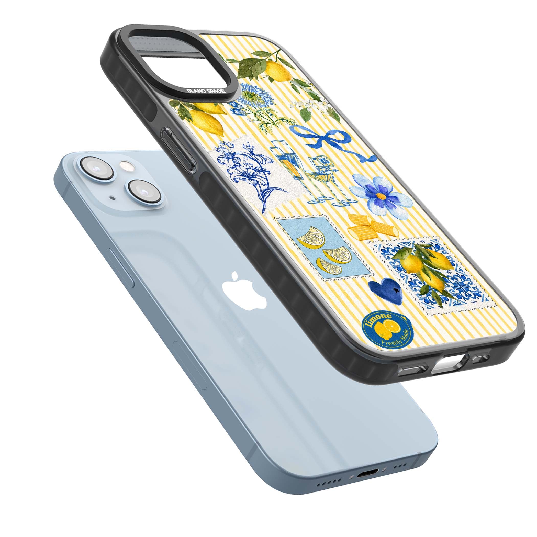 Limone Riviera Italian summer iPhone case featuring watercolour lemons, blue ribbon bows and majolica tile stamps on... | Black Impact case for iPhone 13, iPhone 14, iPhone 15