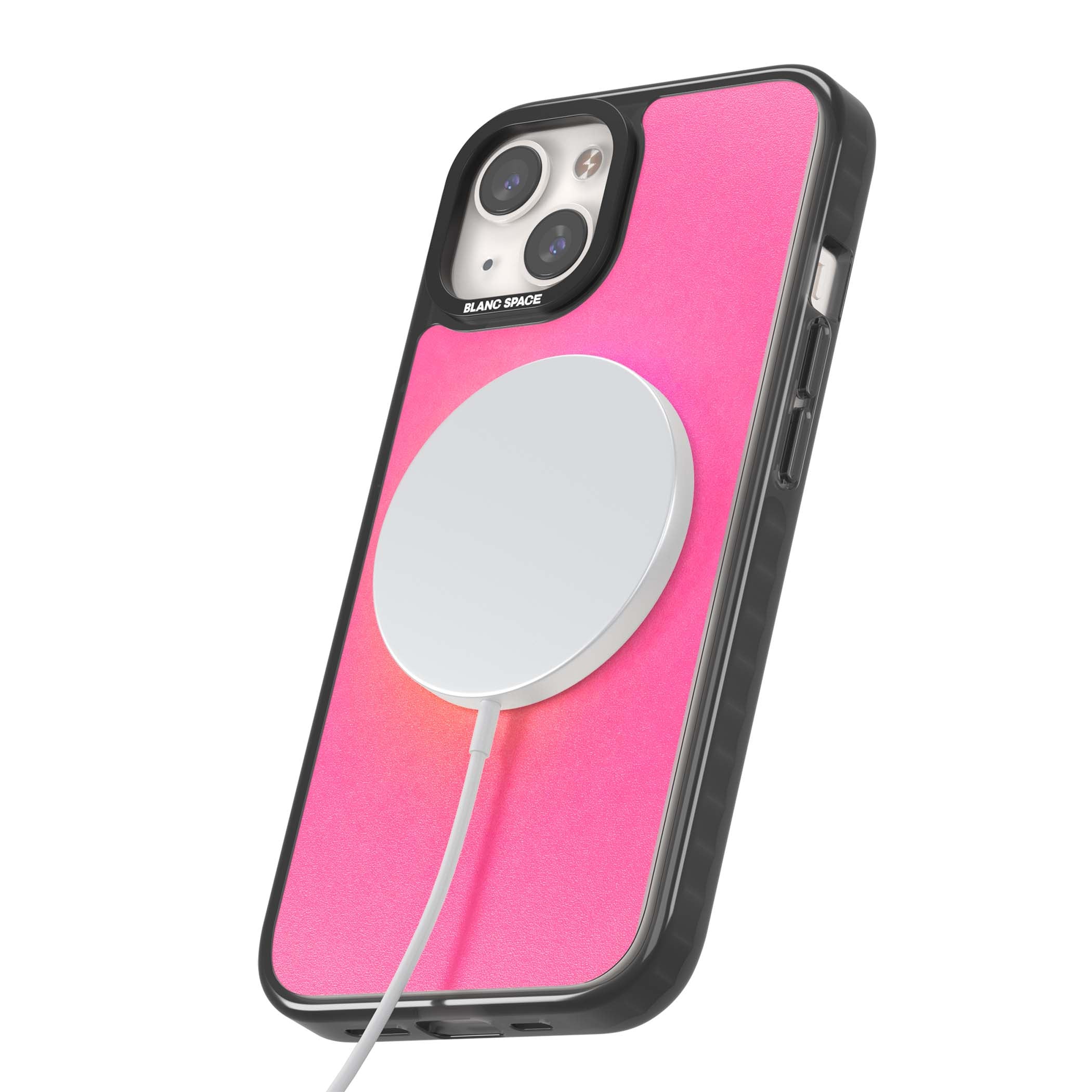 Peace Over Perfection quote iPhone case featuring a dreamy pink aura gradient and delicate white affirmation text | Black Impact Magsafe case for iPhone 13, iPhone 14, iPhone 15