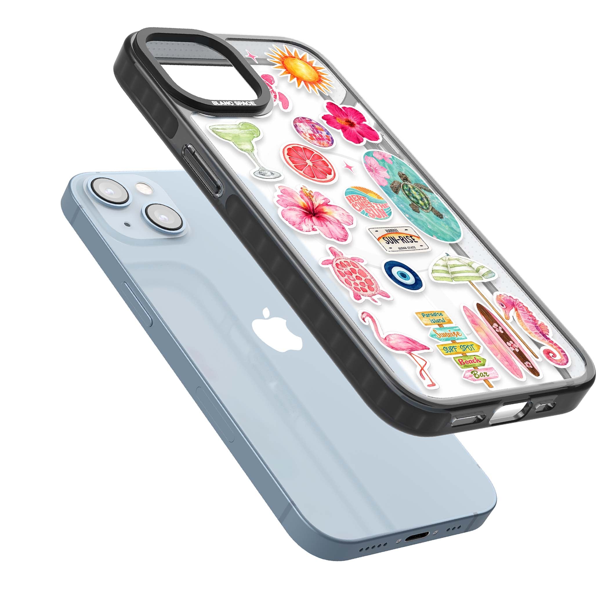 Aloha Sticker Mix tropical summer iPhone case featuring pink hibiscus, sea turtles, flamingo and beach umbrella stickers | Black Impact Magsafe case for iPhone 13, iPhone 14, iPhone 15