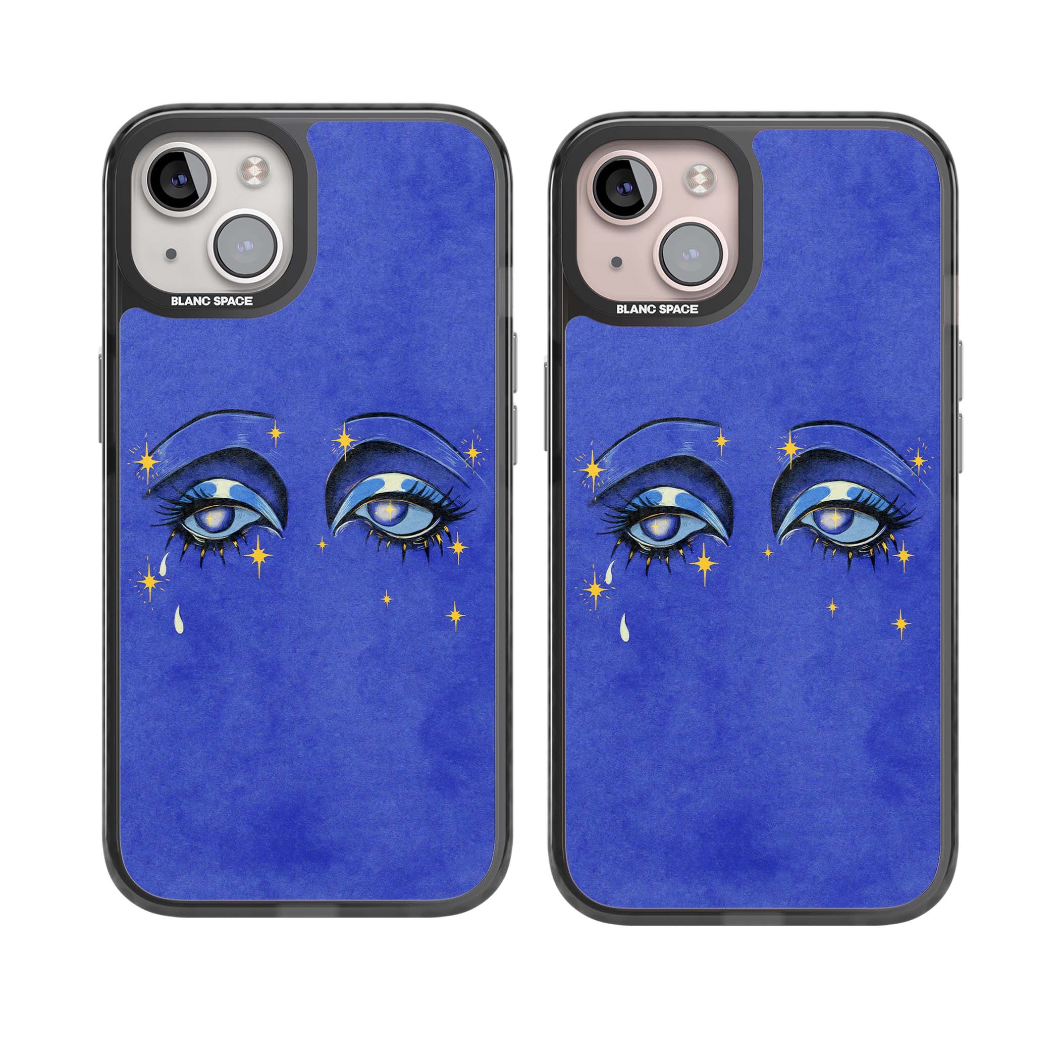 Blue Mystic Eyes celestial iPhone case featuring hand drawn blue mystical eyes, golden stars and a painted tear on indigo | Black Impact Magsafe case for iPhone 13, iPhone 14, iPhone 15