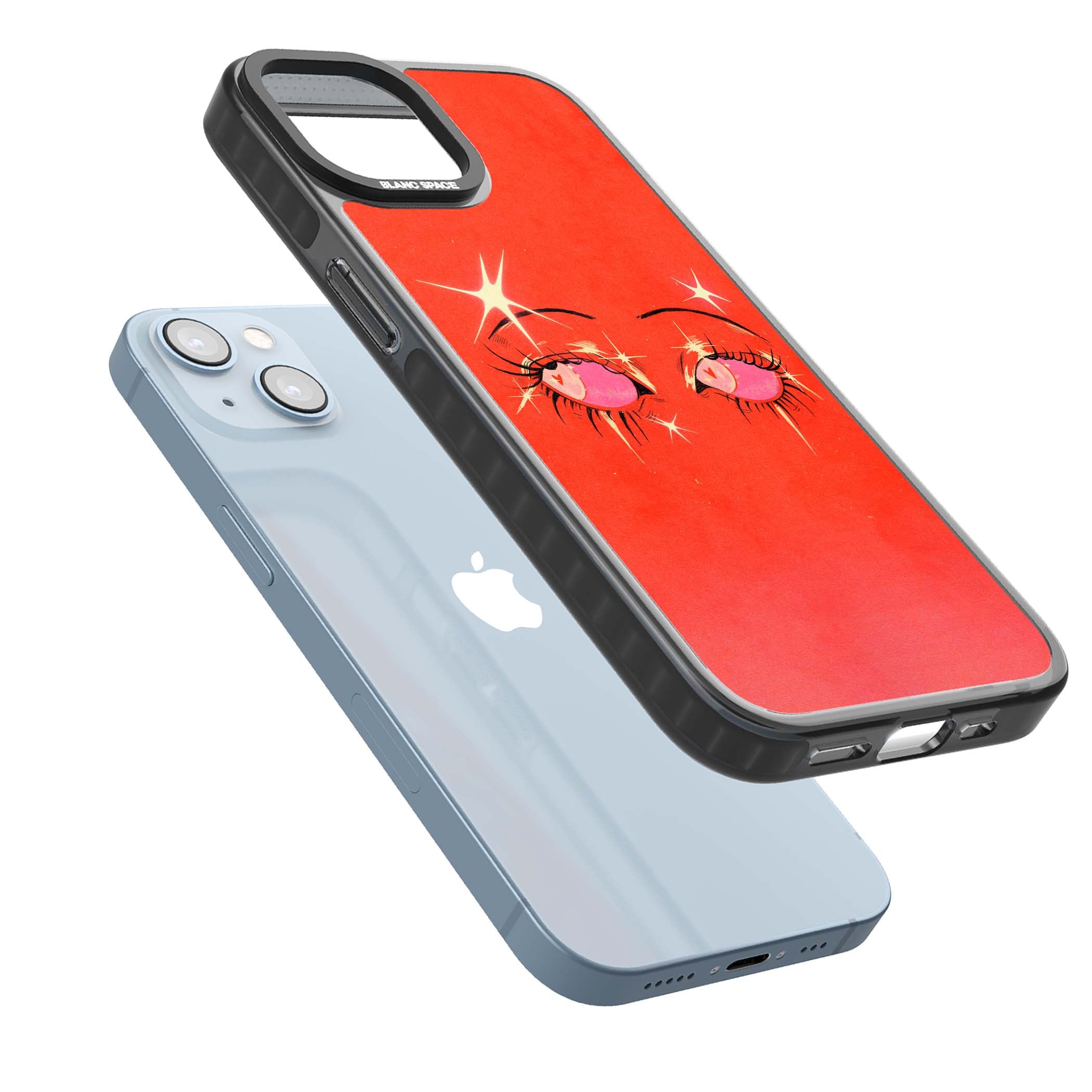 Pink Ethereal Eyes anime iPhone case featuring hand-drawn sparkly eyes with pink hearts and gold stars on red | Black Impact Magsafe case for iPhone 13, iPhone 14, iPhone 15