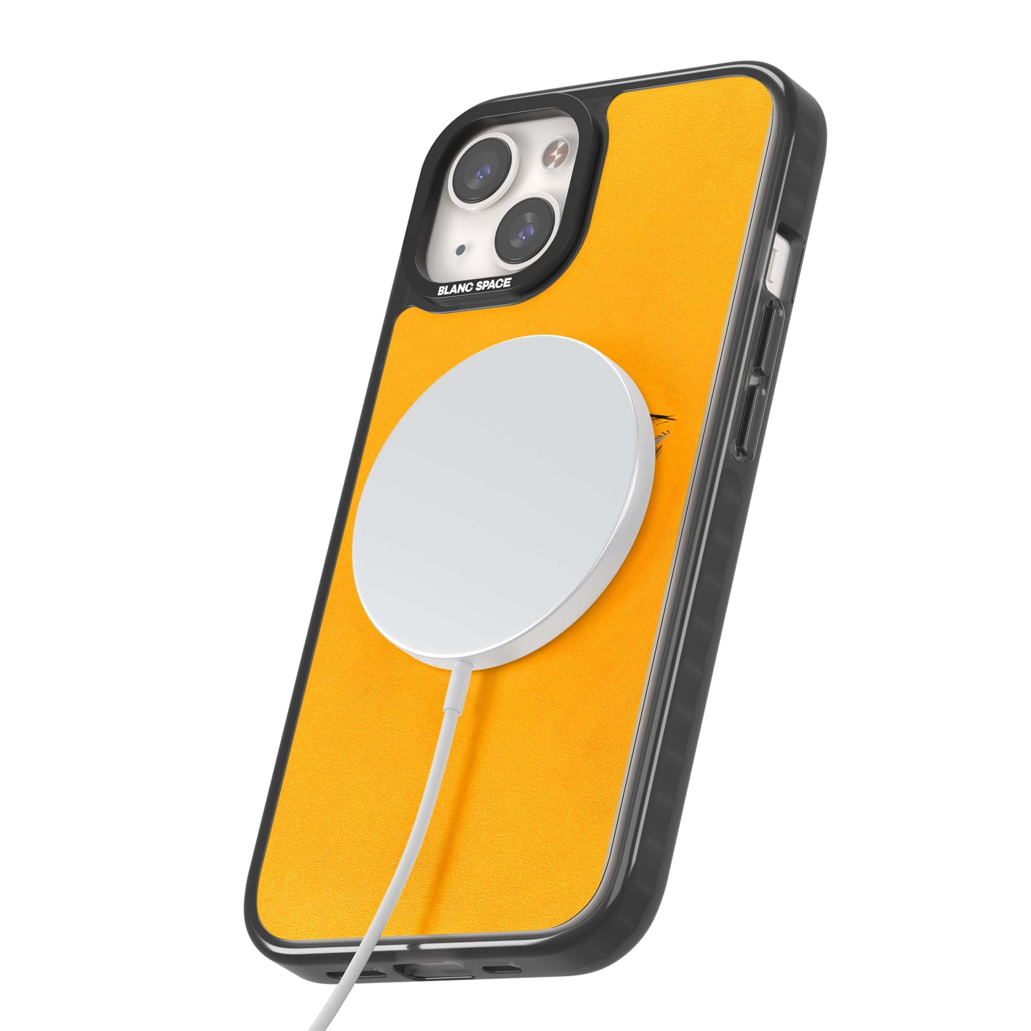 Yellow Tearful Eyes indie iPhone case featuring hand-drawn crying eyes with orange tears on a yellow background | Black Impact Magsafe case for iPhone 13, iPhone 14, iPhone 15
