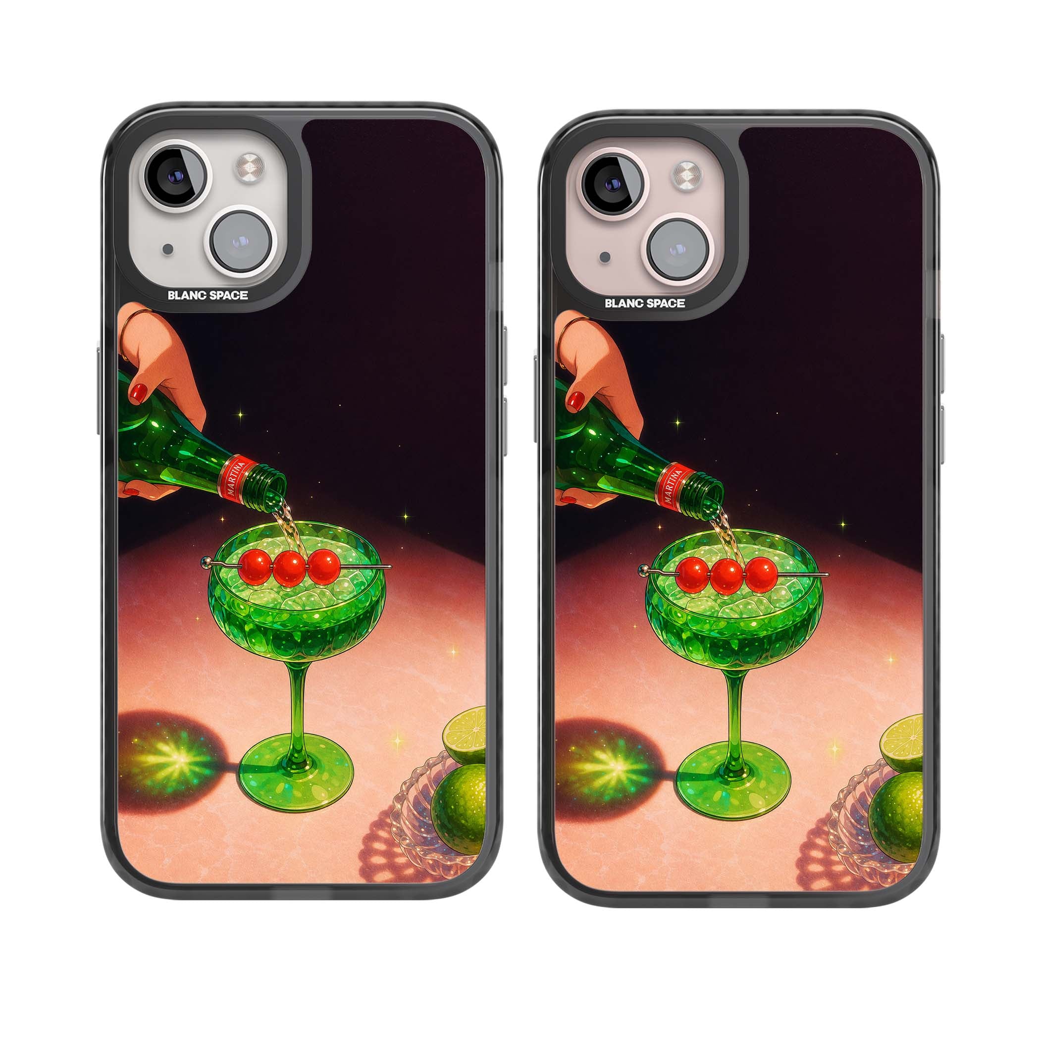 Absinthe Hour cocktail iPhone case featuring a green coupe glass, cherry garnish and vintage bottle pour illustration | Black Impact Magsafe case for iPhone 13, iPhone 14, iPhone 15