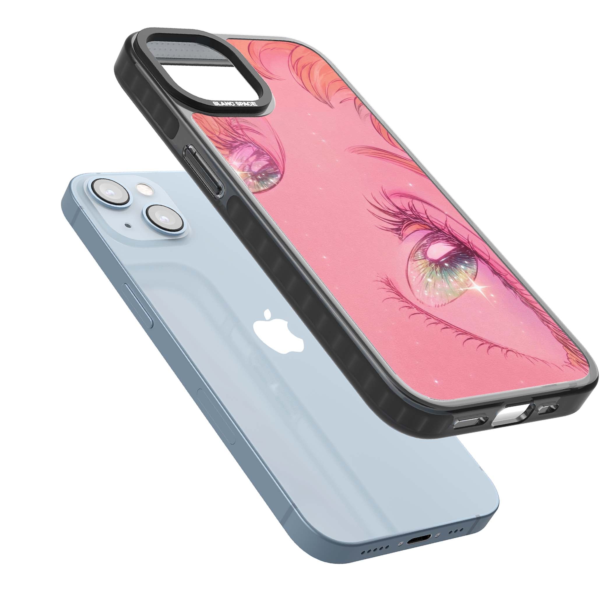 Pink Ethereal Gaze anime iPhone case featuring sparkling manga eyes, coral lashes and dreamy peach sky | Black Impact Magsafe case for iPhone 13, iPhone 14, iPhone 15