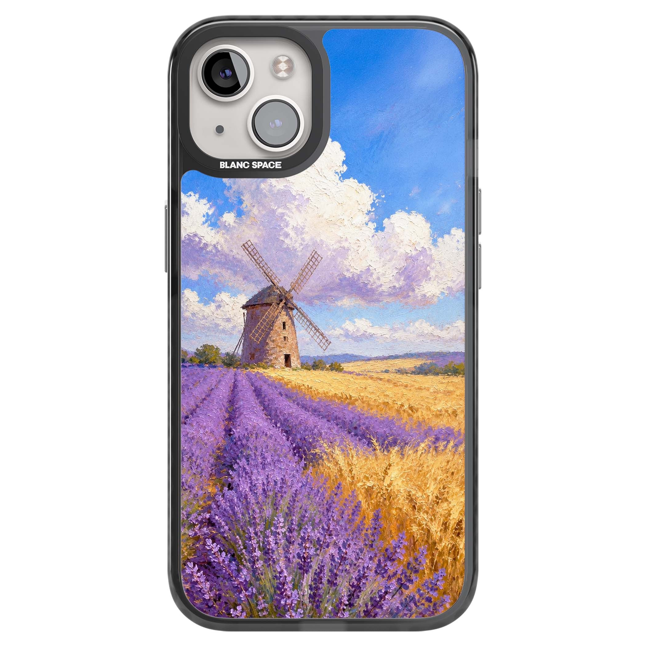 Lavender Mill cottagecore iPhone case featuring a French windmill, lavender field and golden wheat oil painting | Black Impact Magsafe case for iPhone 13, iPhone 14, iPhone 15