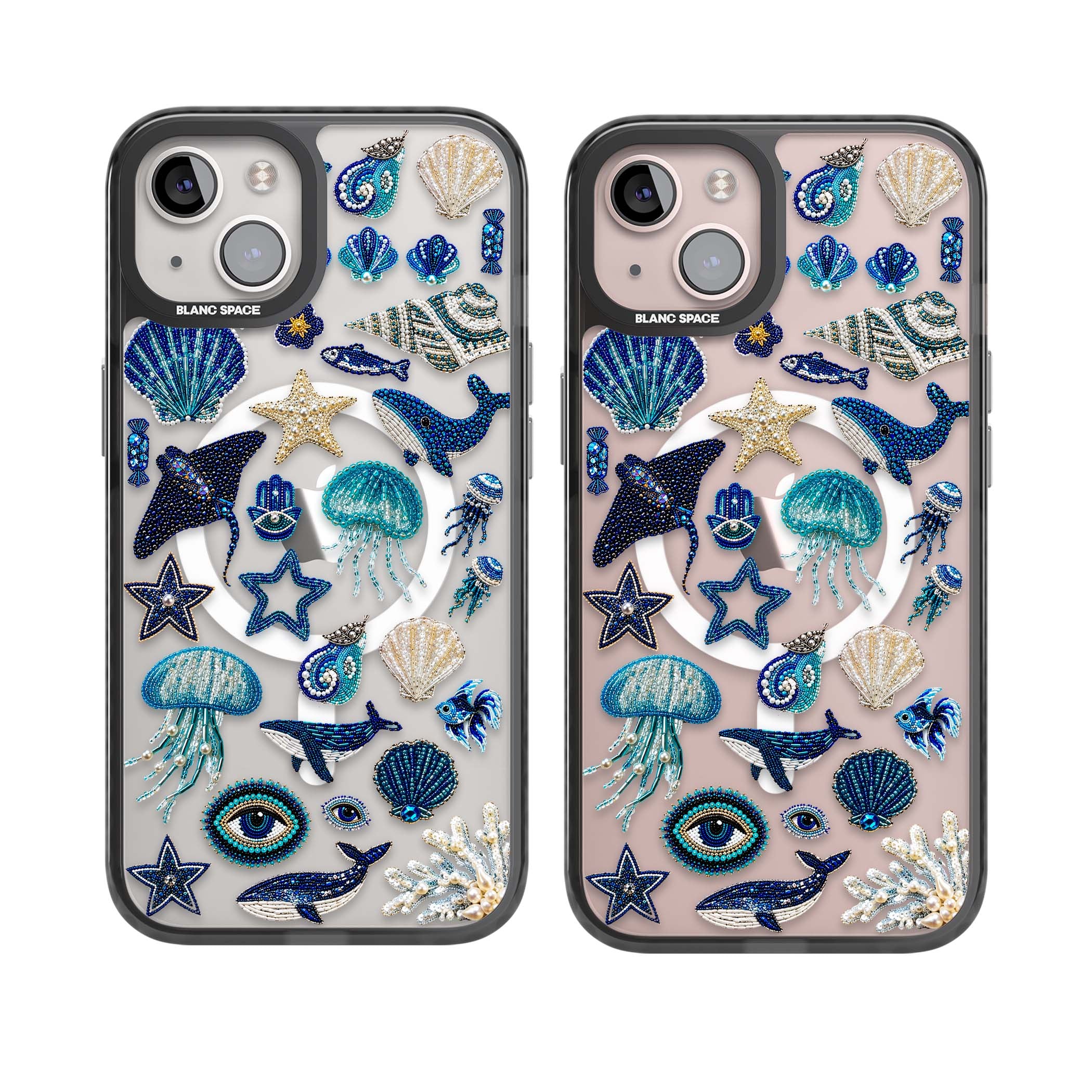 Beaded Coastal coastal iPhone case featuring embroidered seashells, jellyfish and a blue whale on clear | Black Impact Magsafe case for iPhone 13, iPhone 14, iPhone 15