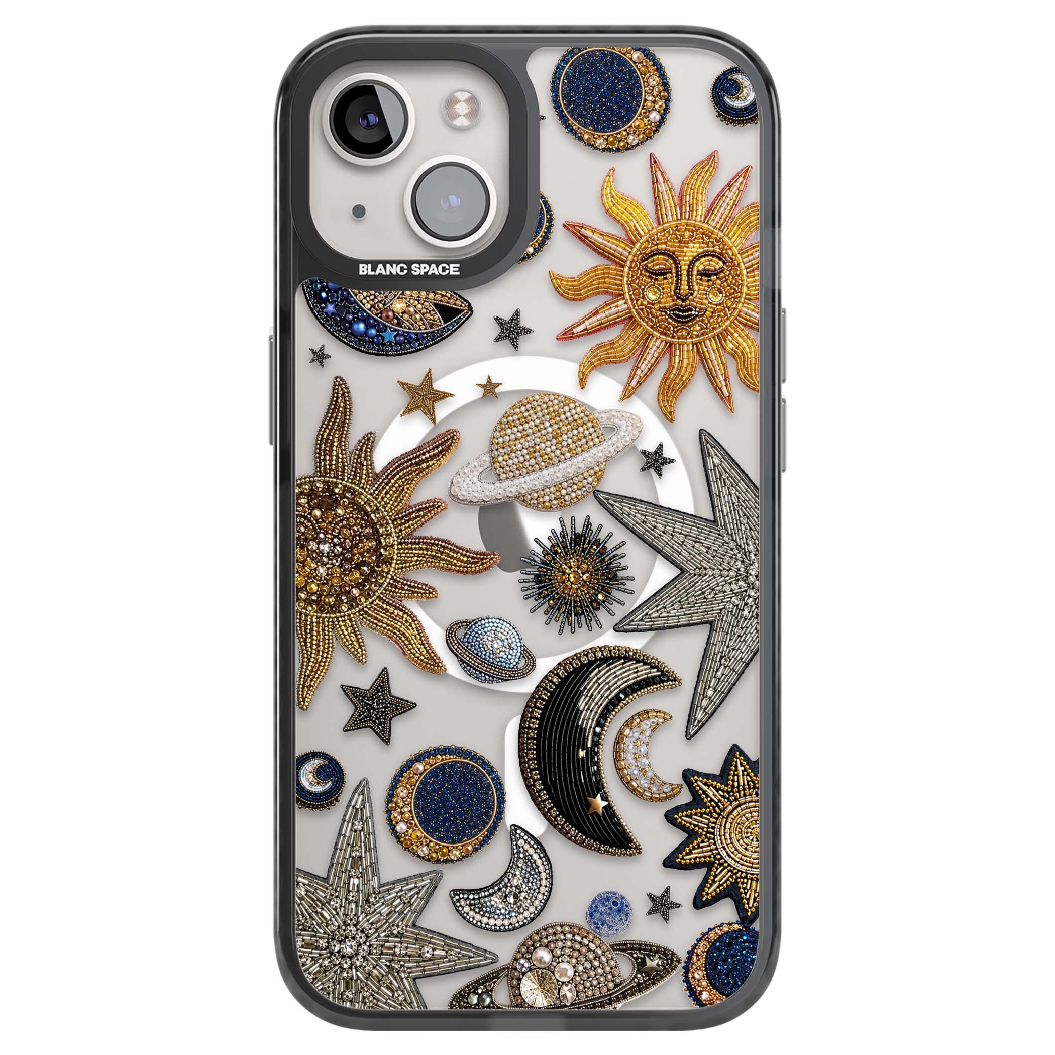 Beaded Cosmos celestial iPhone case featuring embroidered golden suns, beaded planets and silver shooting stars | Black Impact Magsafe case for iPhone 13, iPhone 14, iPhone 15