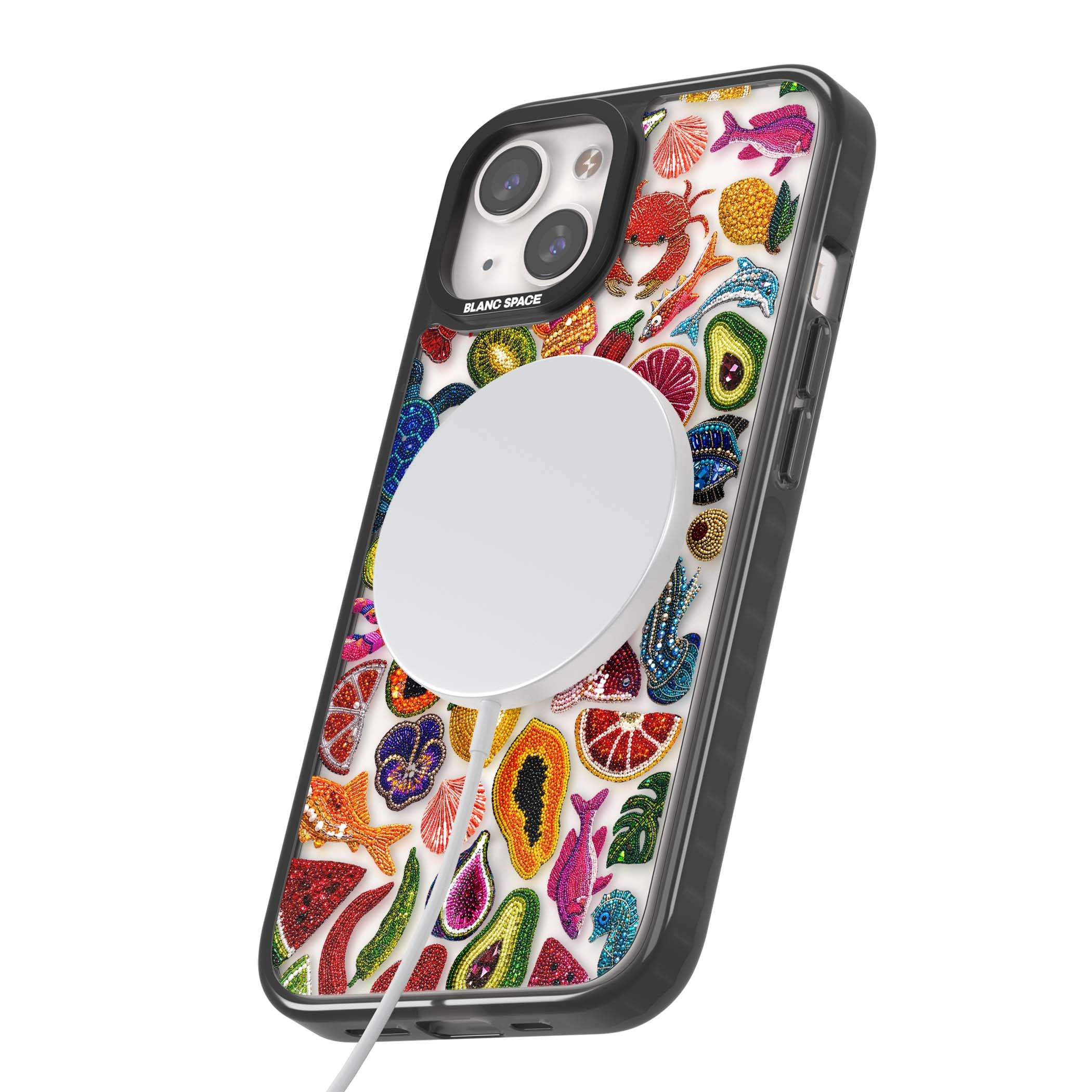 Beaded Tropic tropical iPhone case featuring beaded fruit, fish, crabs and seashells in vibrant colour | Black Impact Magsafe case for iPhone 13, iPhone 14, iPhone 15