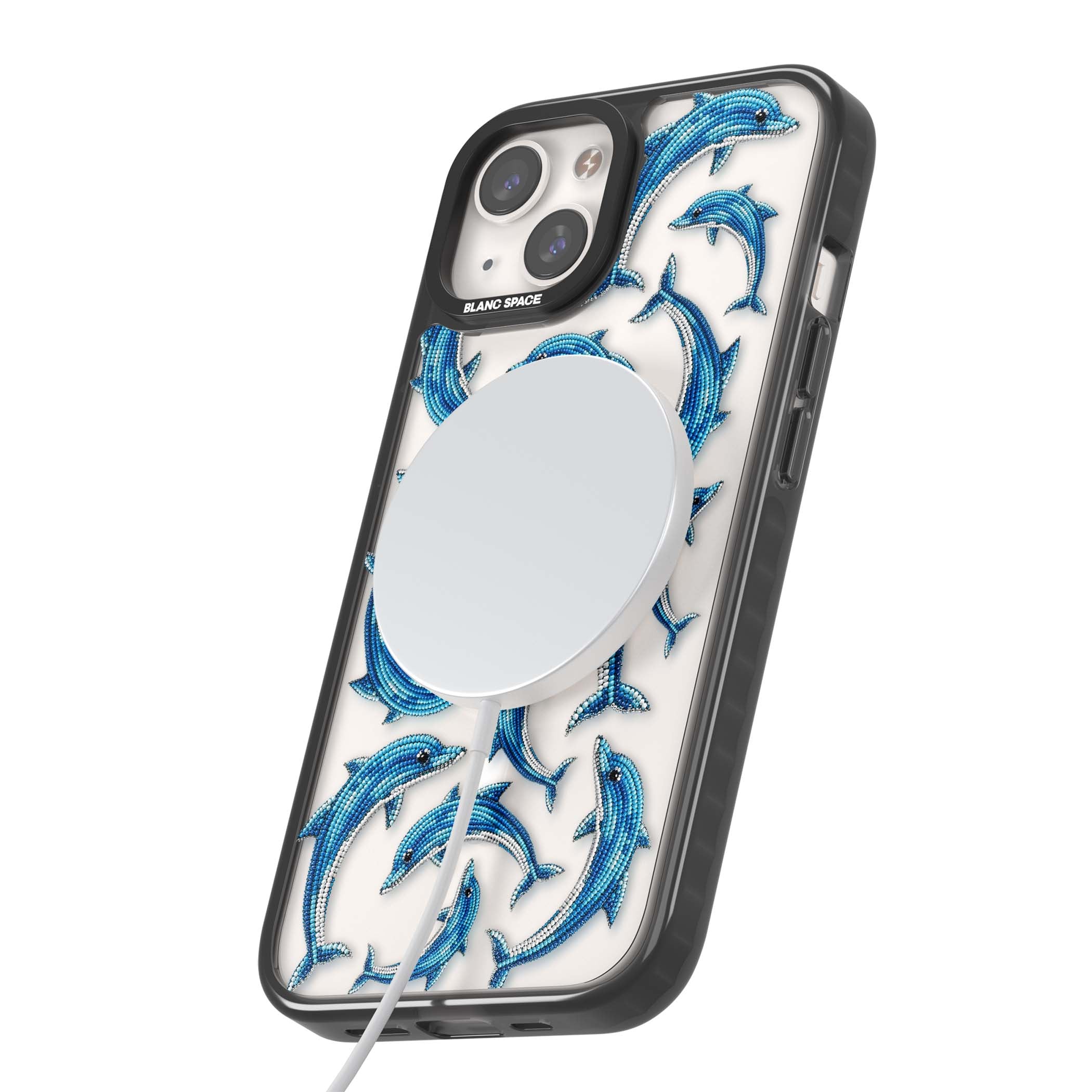 Beaded Dolphins coastal iPhone case featuring beaded dolphins in blue and white swimming across a clear background | Black Impact Magsafe case for iPhone 13, iPhone 14, iPhone 15