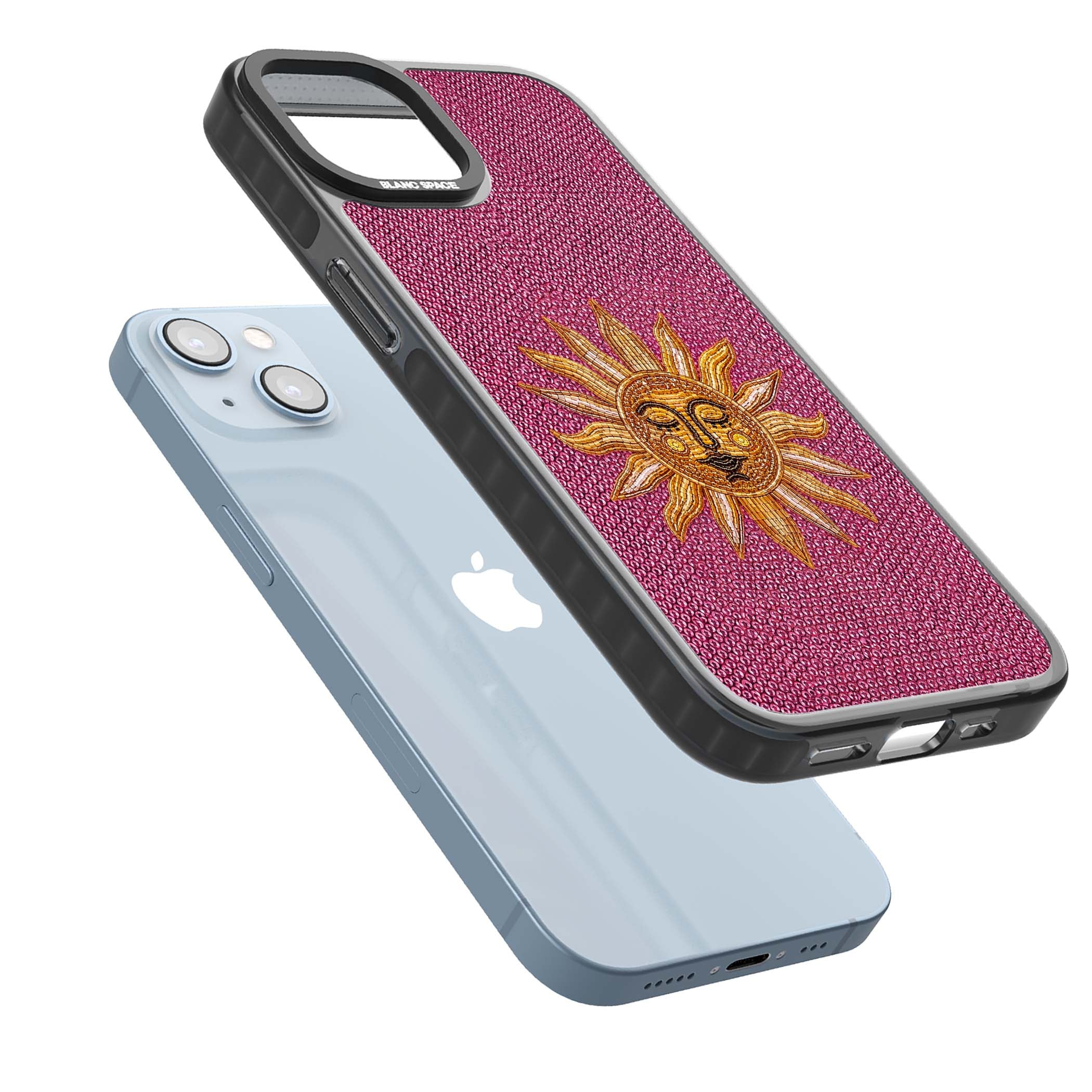 Beaded Sun celestial iPhone case featuring a golden beaded sun face with radiant rays on hot pink beaded background | Black Impact Magsafe case for iPhone 13, iPhone 14, iPhone 15