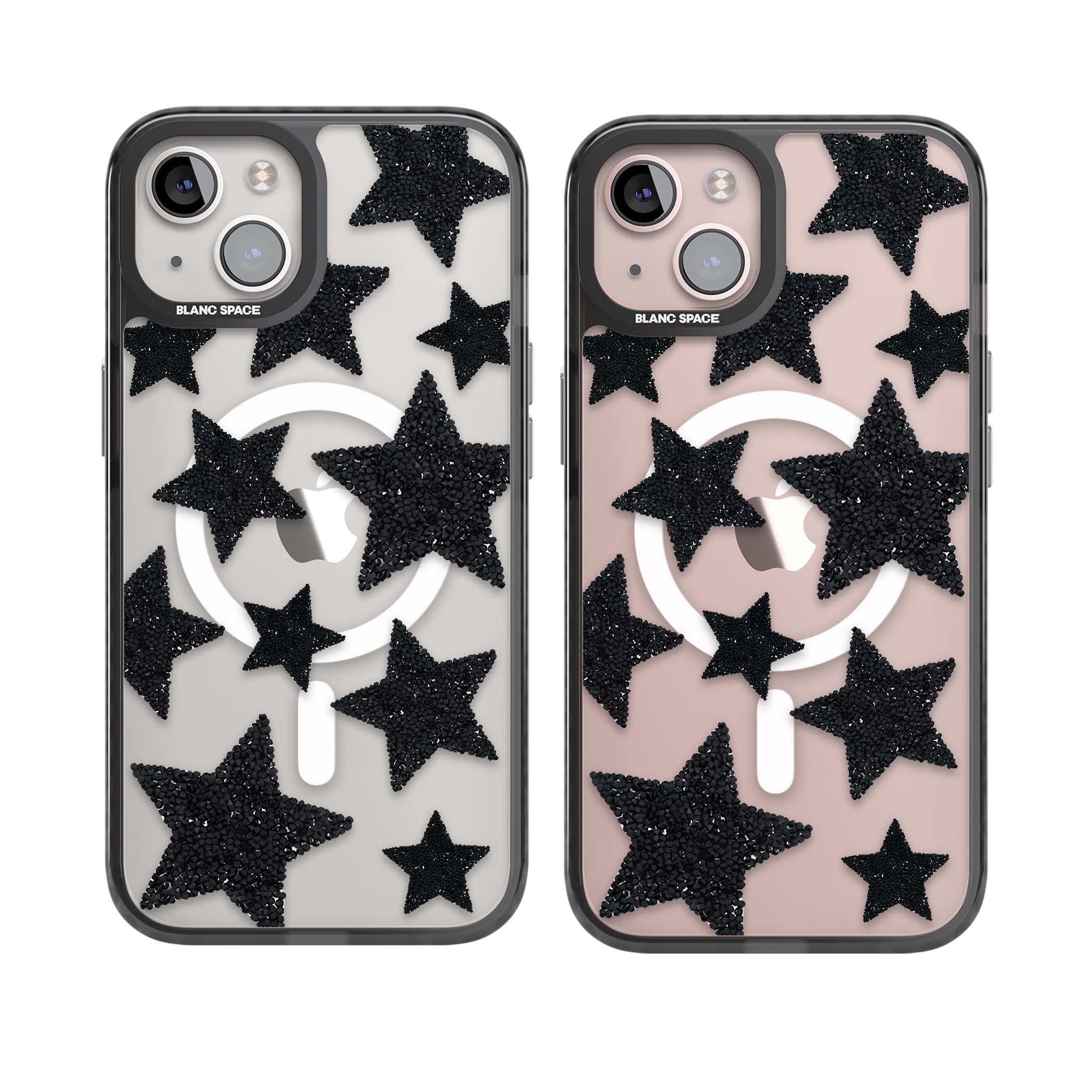 Beaded Black Stars celestial iPhone case featuring black glitter beaded stars scattered on a clear background | Black Impact Magsafe case for iPhone 13, iPhone 14, iPhone 15