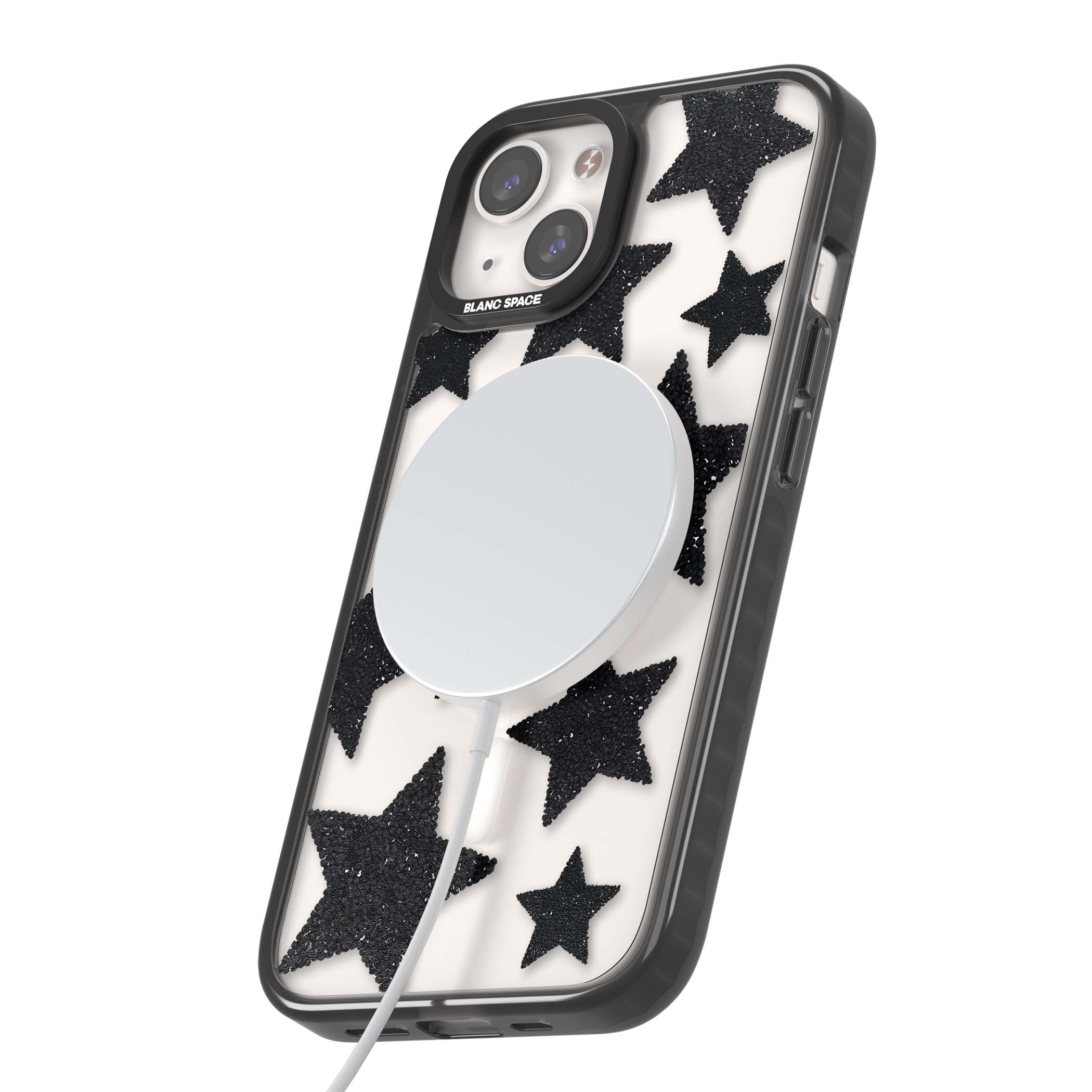 Beaded Black Stars celestial iPhone case featuring black glitter beaded stars scattered on a clear background | Black Impact Magsafe case for iPhone 13, iPhone 14, iPhone 15