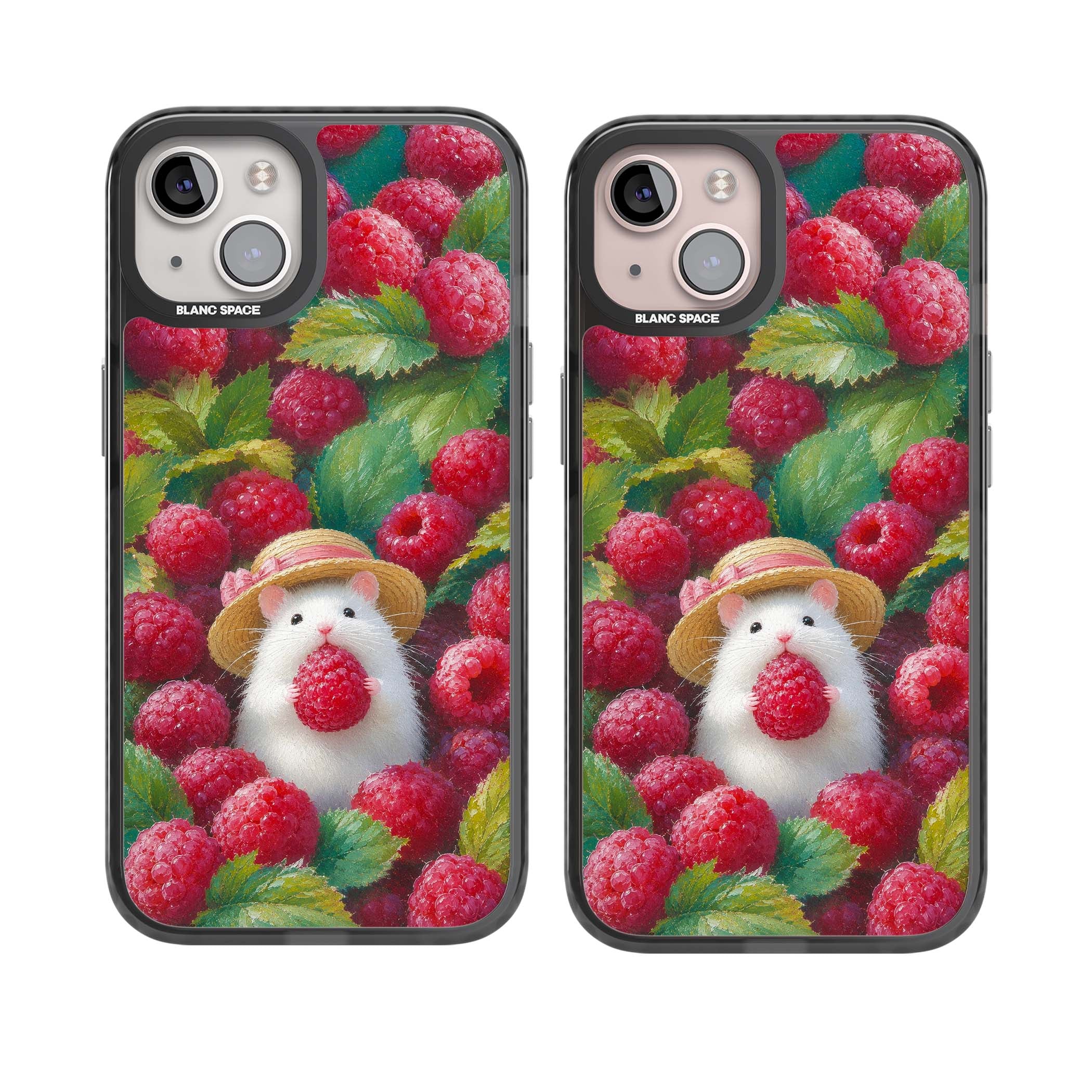 Berry Forager cottagecore iPhone case featuring a white hamster in a straw hat holding a raspberry surrounded by ripe ber | Black Impact Magsafe case for iPhone 13, iPhone 14, iPhone 15