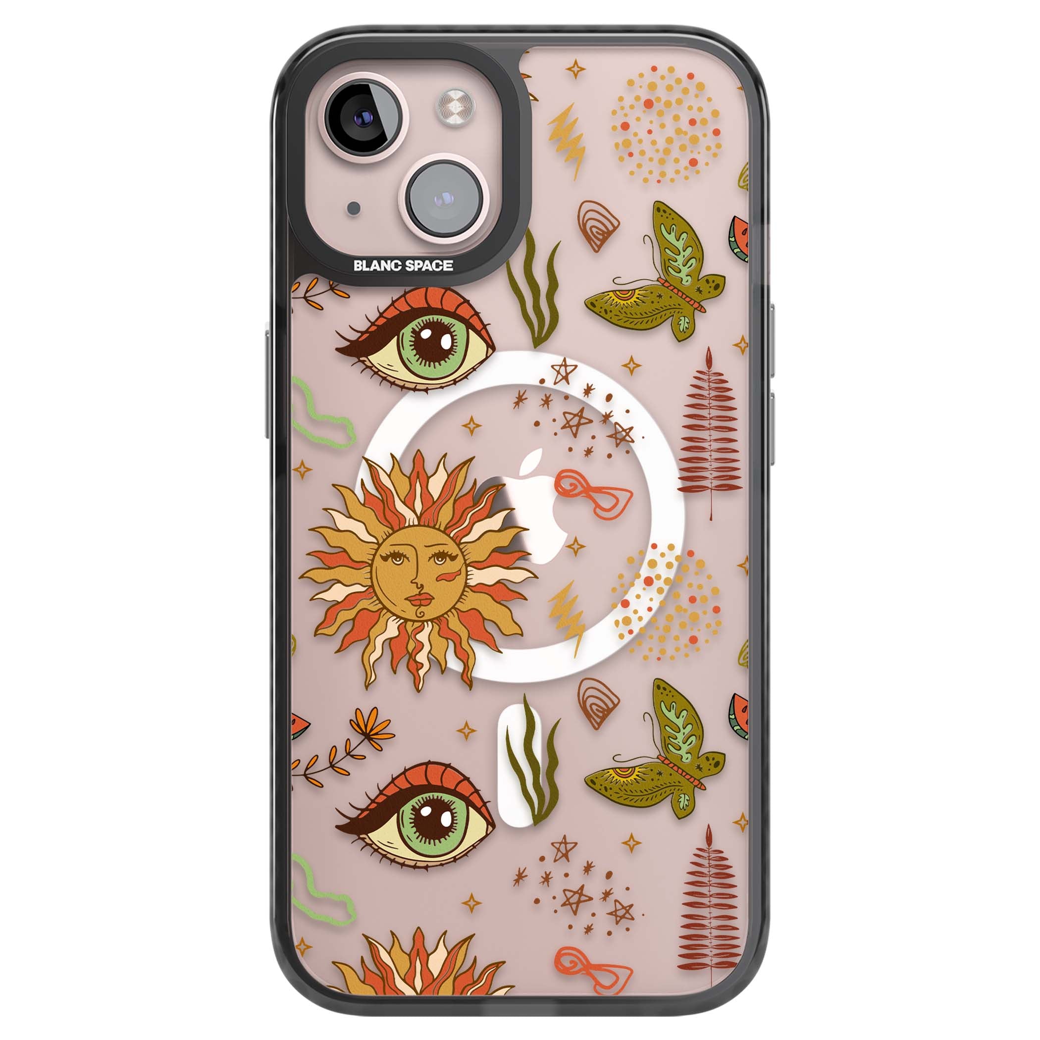 Elevate Your Phone'S Style With This Boho Celestial Sun & Eye Phone Case, Featuring A Mystical Blend Of Suns, All-Seeing Eyes, Butterflies, Stars, And