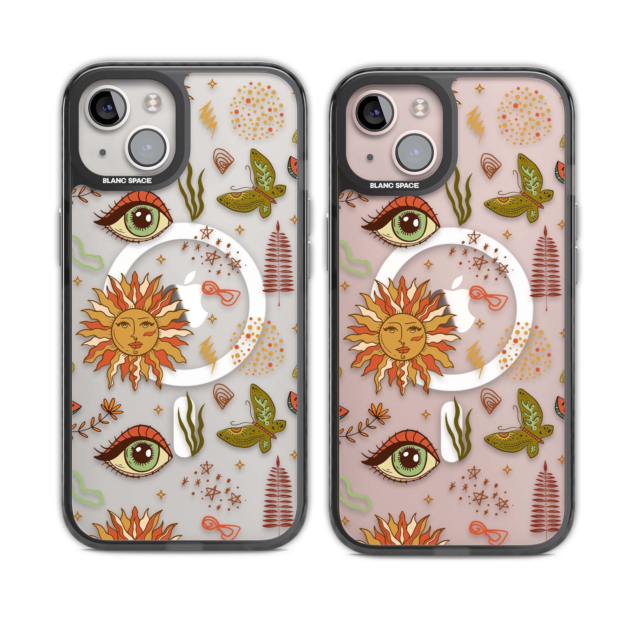 Elevate Your Phone'S Style With This Boho Celestial Sun & Eye Phone Case, Featuring A Mystical Blend Of Suns, All-Seeing Eyes, Butterflies, Stars, And