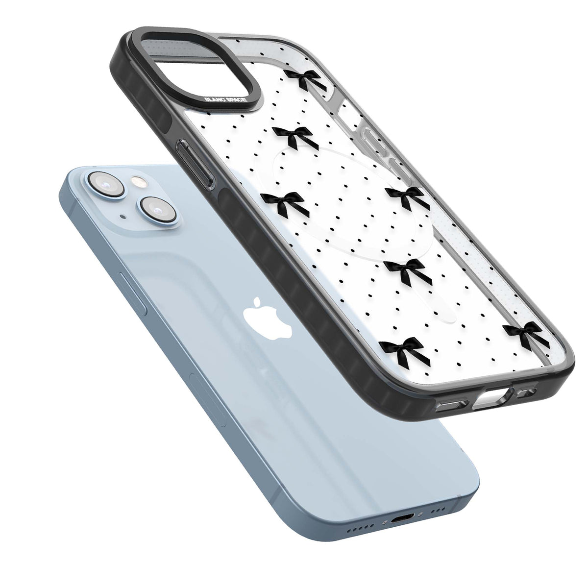 Black Polka Bows coquette iPhone case featuring scattered black satin bows and tiny polka dots on a clear base | Black Impact Magsafe case for iPhone 13, iPhone 14, iPhone 15